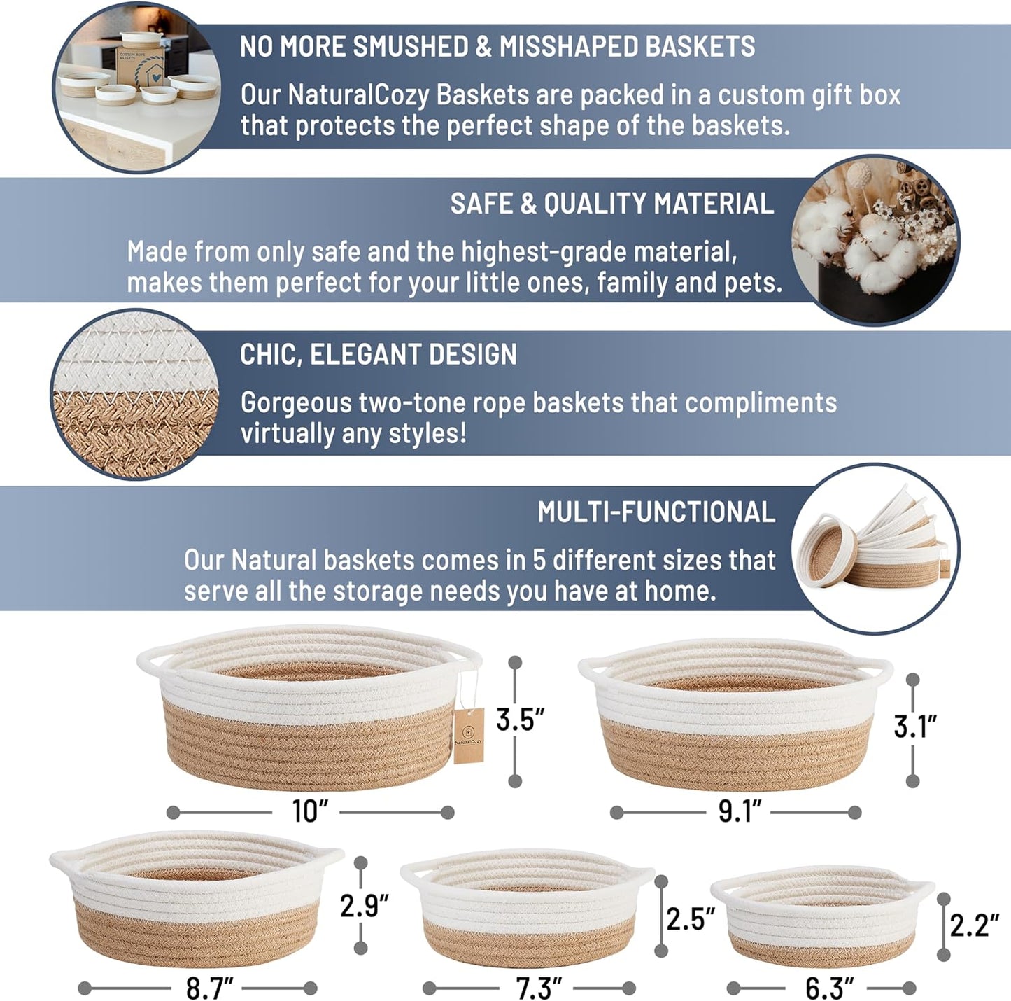 5-Piece Round Woven Cotton Rope Storage Baskets for Organizing / Off White & Jute