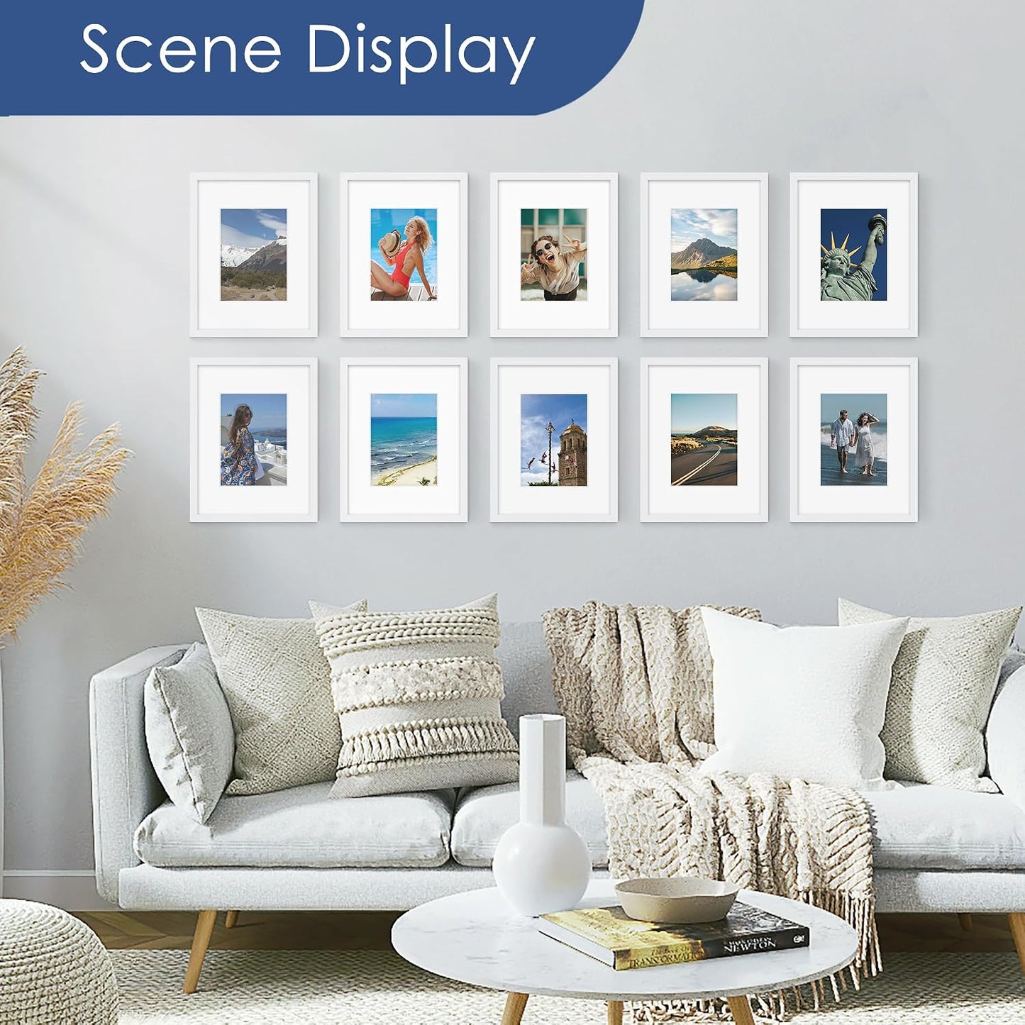 8x12 Picture Frame Set of 6, Wall or Tabletop Display, White | Display 6x8 with Mat or 8x12 Without Mat, Horizontal or
