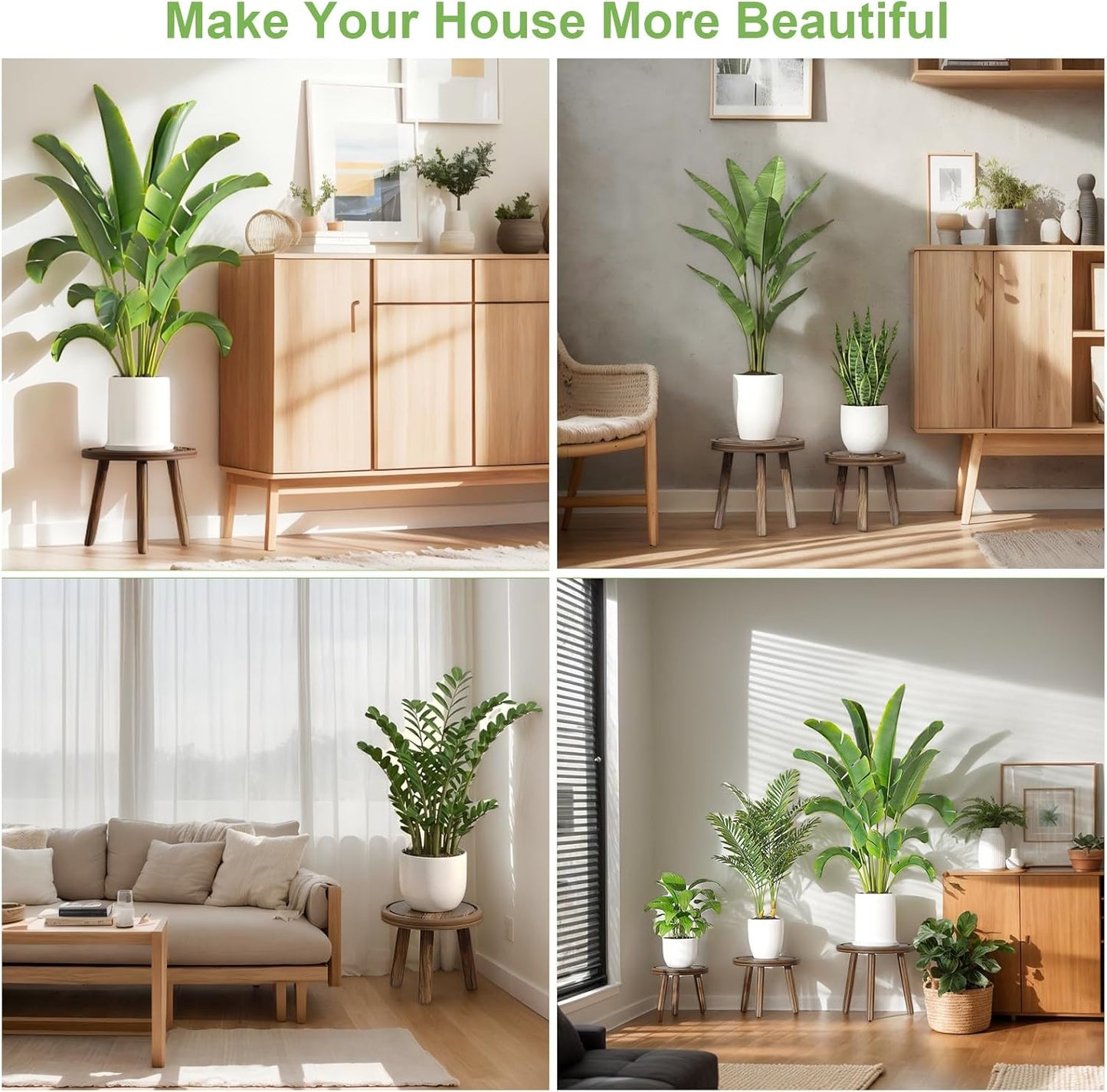 Wood Plant Stands Indoor / Heavy Burnt Color / 12 Inch / Set of 3