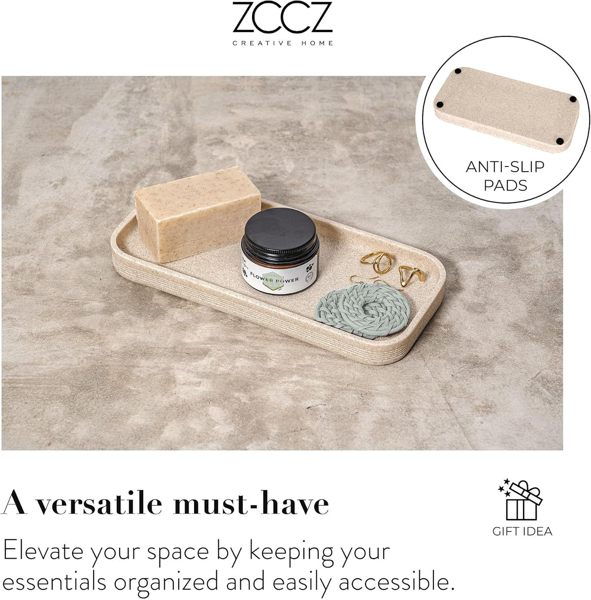 Beige Bathroom Accessories Set 6 Pieces - Toothbrush Holder, Lotion Dispenser, Qtip Container, Vanity Tray, Tumbler