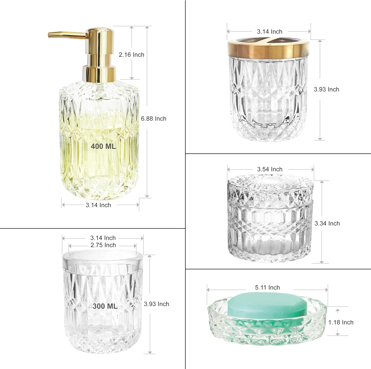 LaMarriti Clear Bathroom Accessories Set, 5pcs Crystal Glass Bathroom Set | Soap Dispenser, Toothbrush Holder Set, Soap