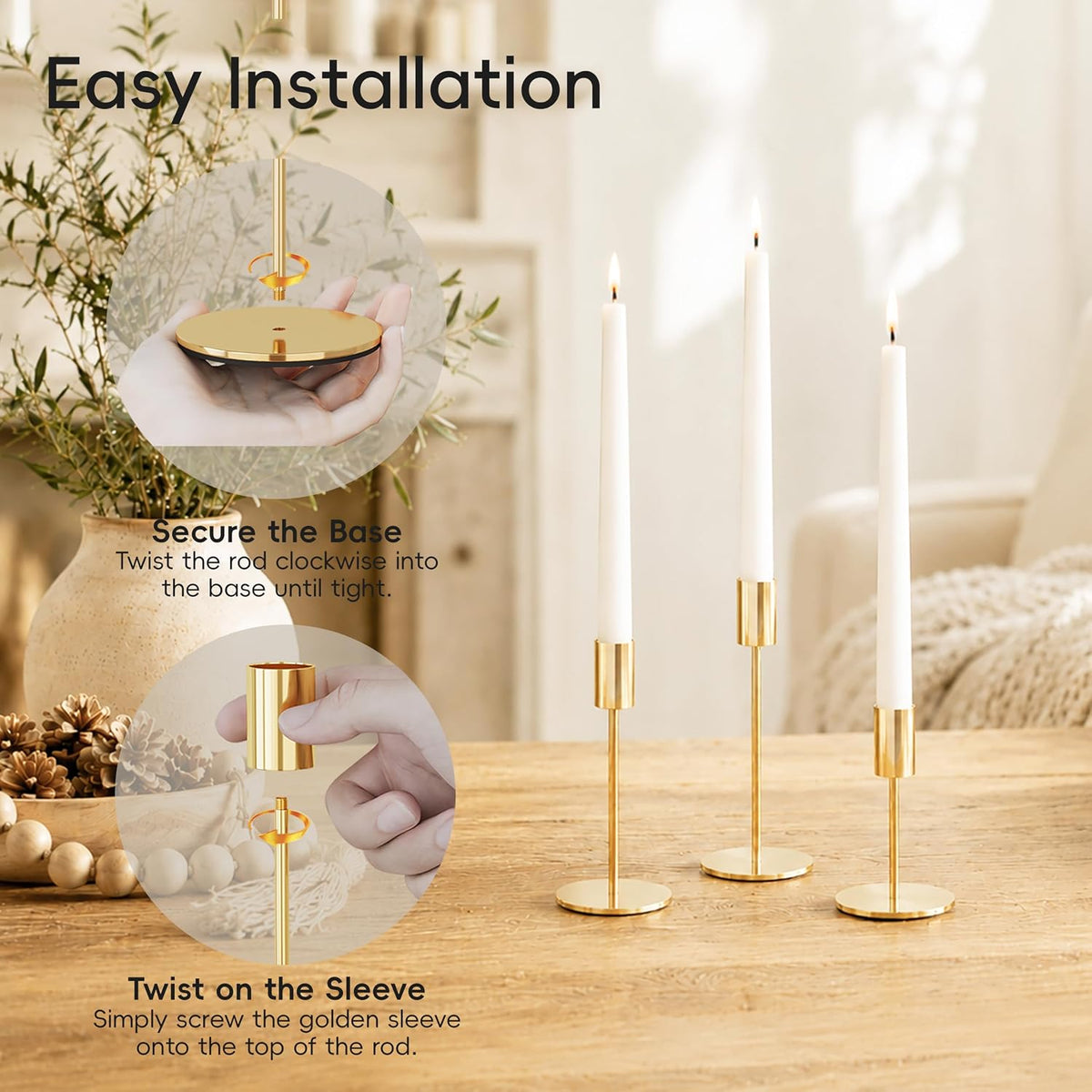 zeochyni Set of 54 French Gold Taper Candle Holder Bulks for Wedding, Party | Tall Metal Candlestick Holders with