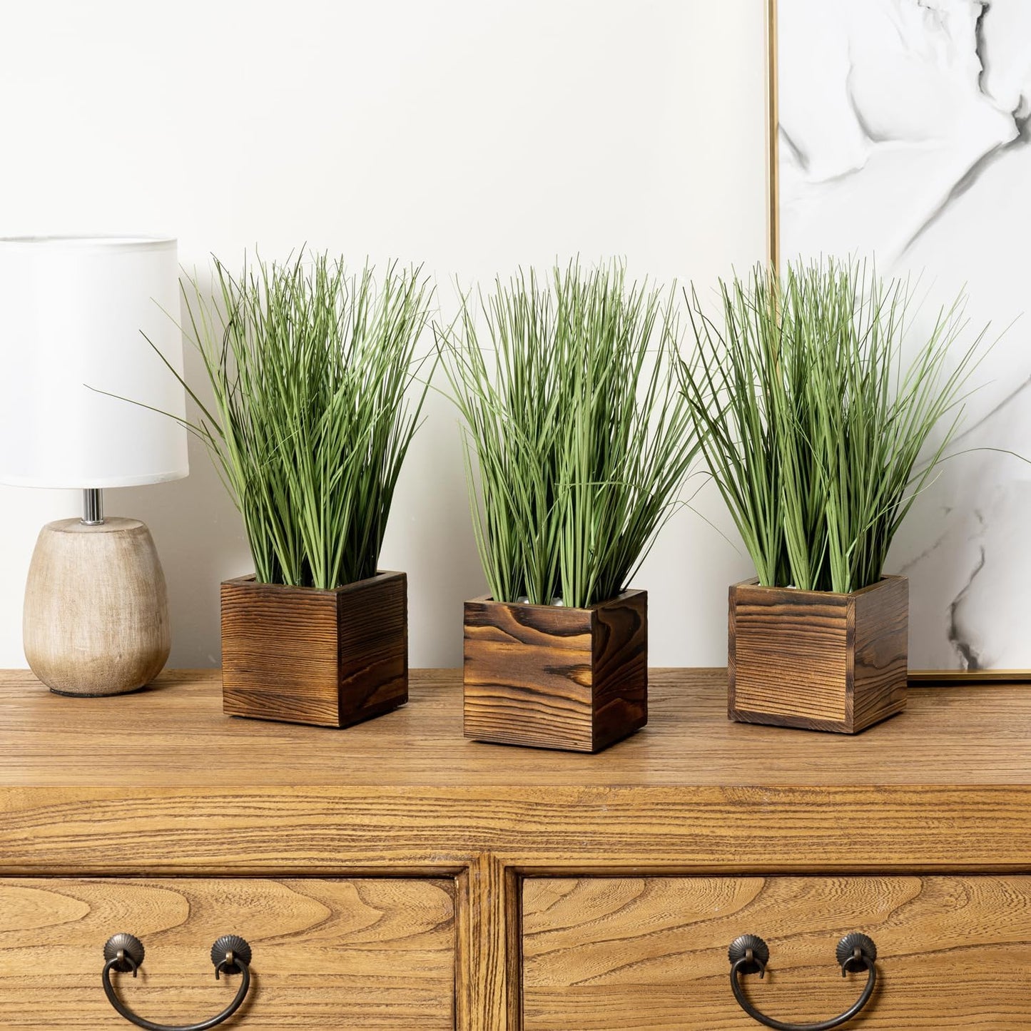 Artificial Grass Plants Trio in Rustic Burnt Solid Wood Planter Boxes / Burnt Wood / Green / 4 Inch