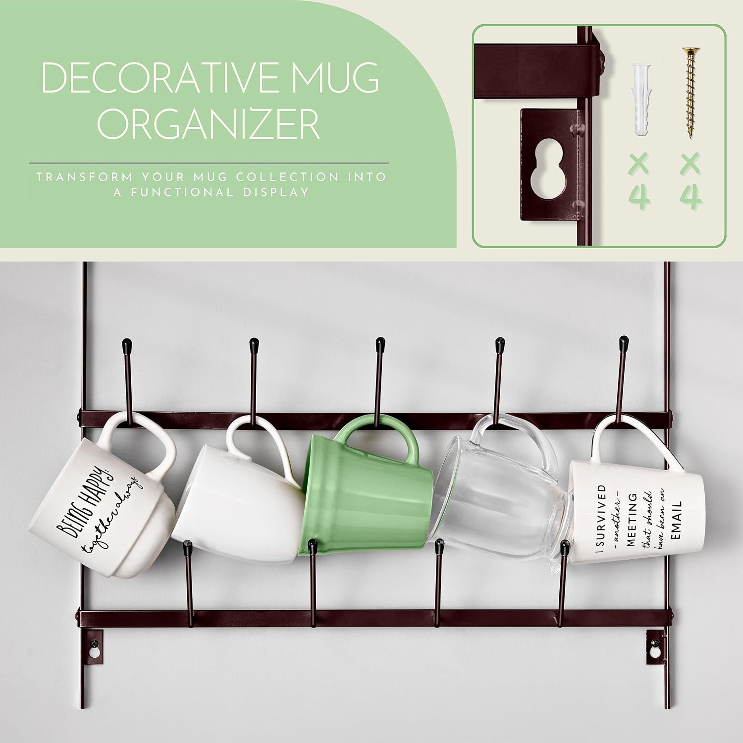 Sorbus Wall Mug Rack, Coffee Mug Display for Coffee Station (Large, Brown) | Rustic six-tier metal holder with hooks