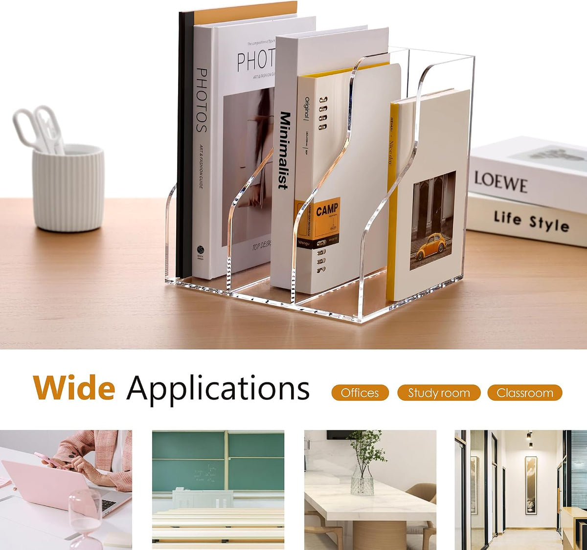 SANRUI Acrylic File Organizer, Clear Magazine Holder with 3-Section, A4 | Desk Organizer with 2.76"-Wide Compartments