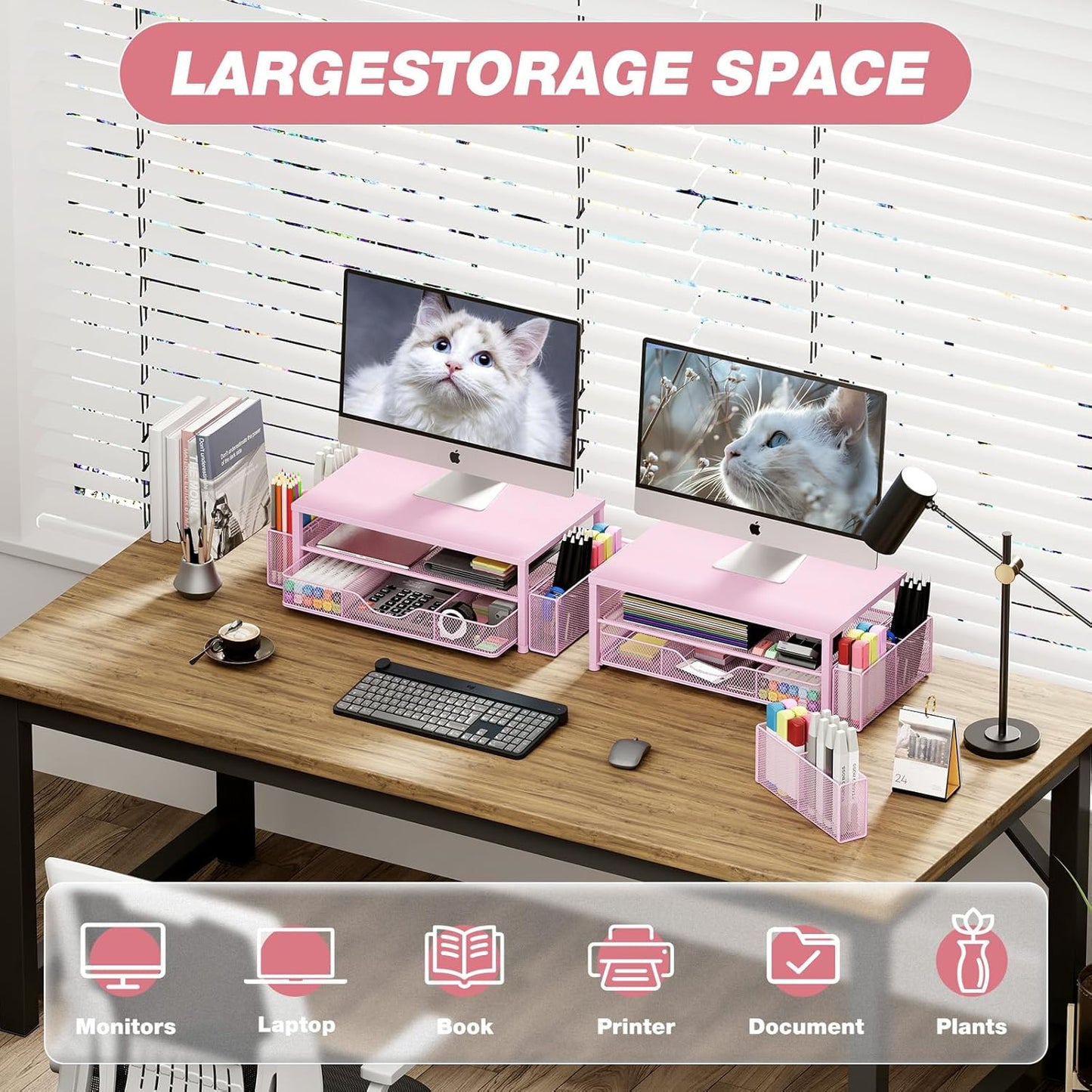 Desk Organizer and Accessories, 2-Tier Computer Monitor Stand Riser with Drawer and 2 Pen Holders, Laptop Stand, Office