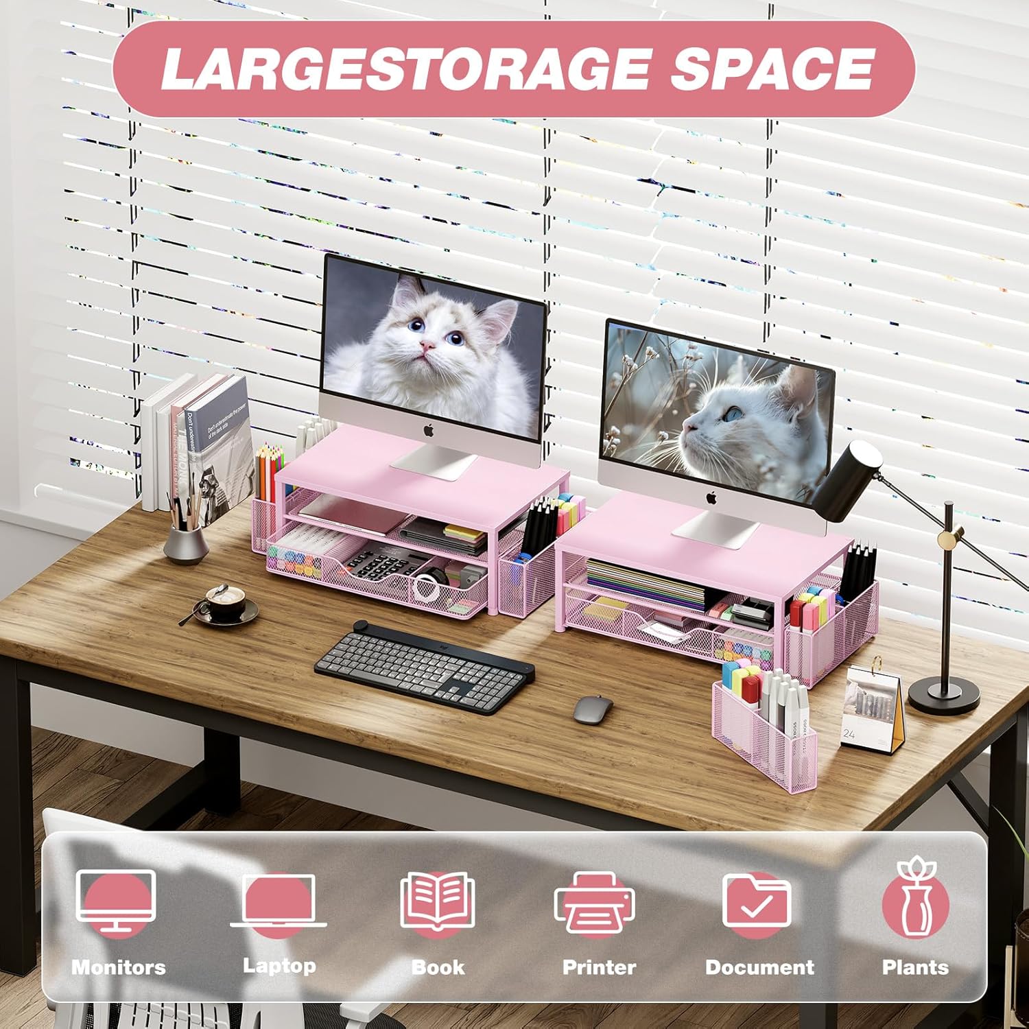 Desk Organizer and Accessories, 2-Tier Computer Monitor Stand Riser with Drawer and 2 Pen Holders, Laptop Stand, Office