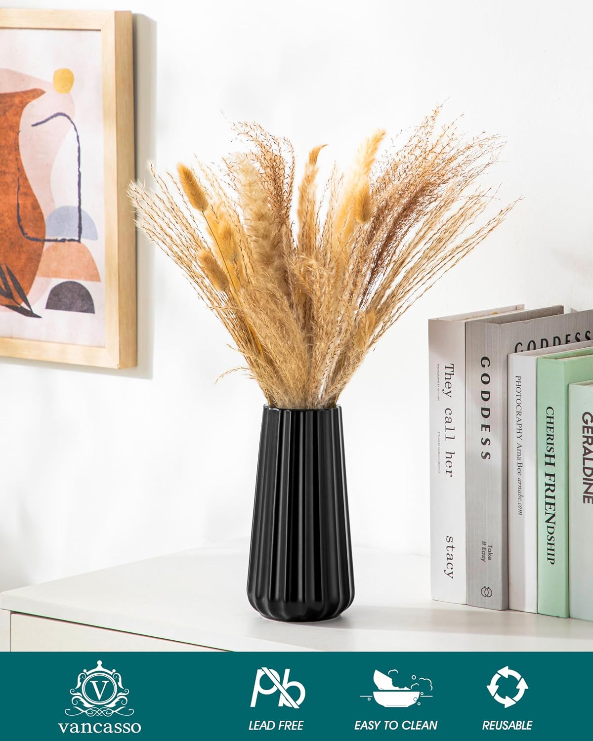 Ceramic Vase / Modern Ribbed Glossy Decorative Vase / Black / 7.8 Inch