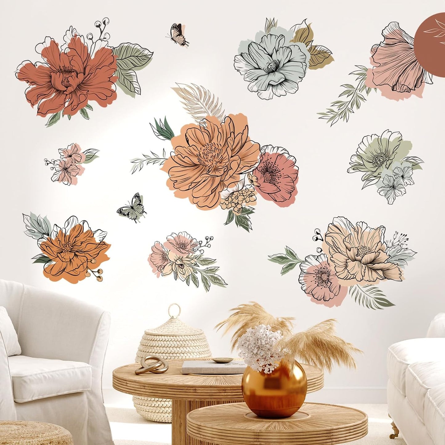 Boho Vintage Large Flower Wall Decals Bohemian Retro Floral Sun Butterfly Wall Stickers Living / C
