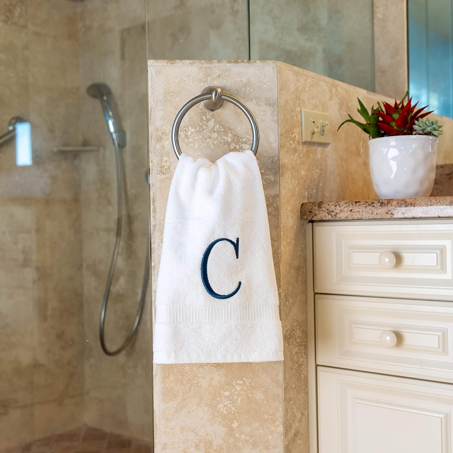 White with Navy Monogrammed Hand Towels for Bathroom - Set of 2 Letter C | Luxury Hotel Quality Initial Towels For