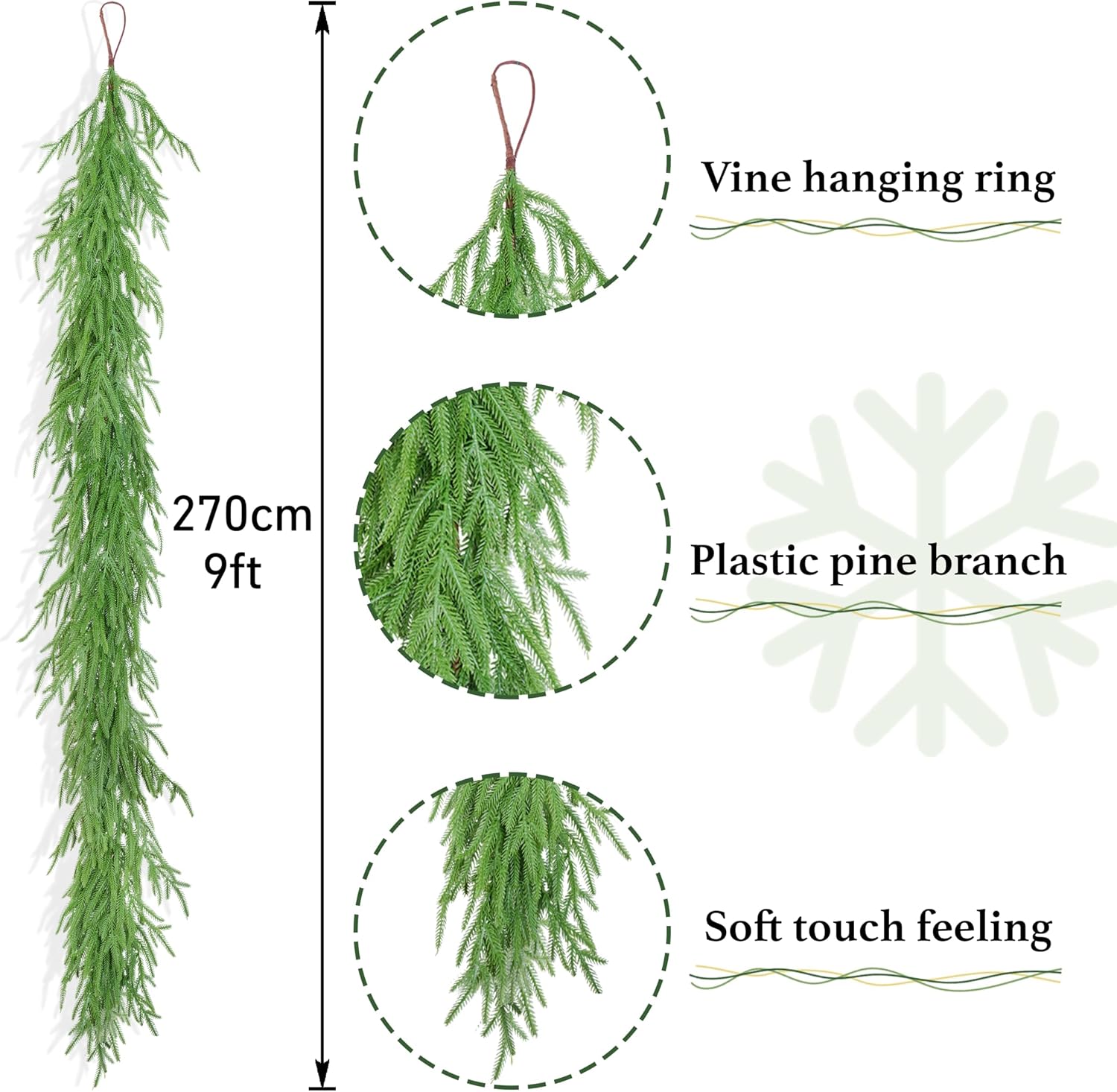 XmasExp Norfolk Pine Garland 9FT Real Touch Realistic Artificial Christmas Garland Decorations for Mantle Windows