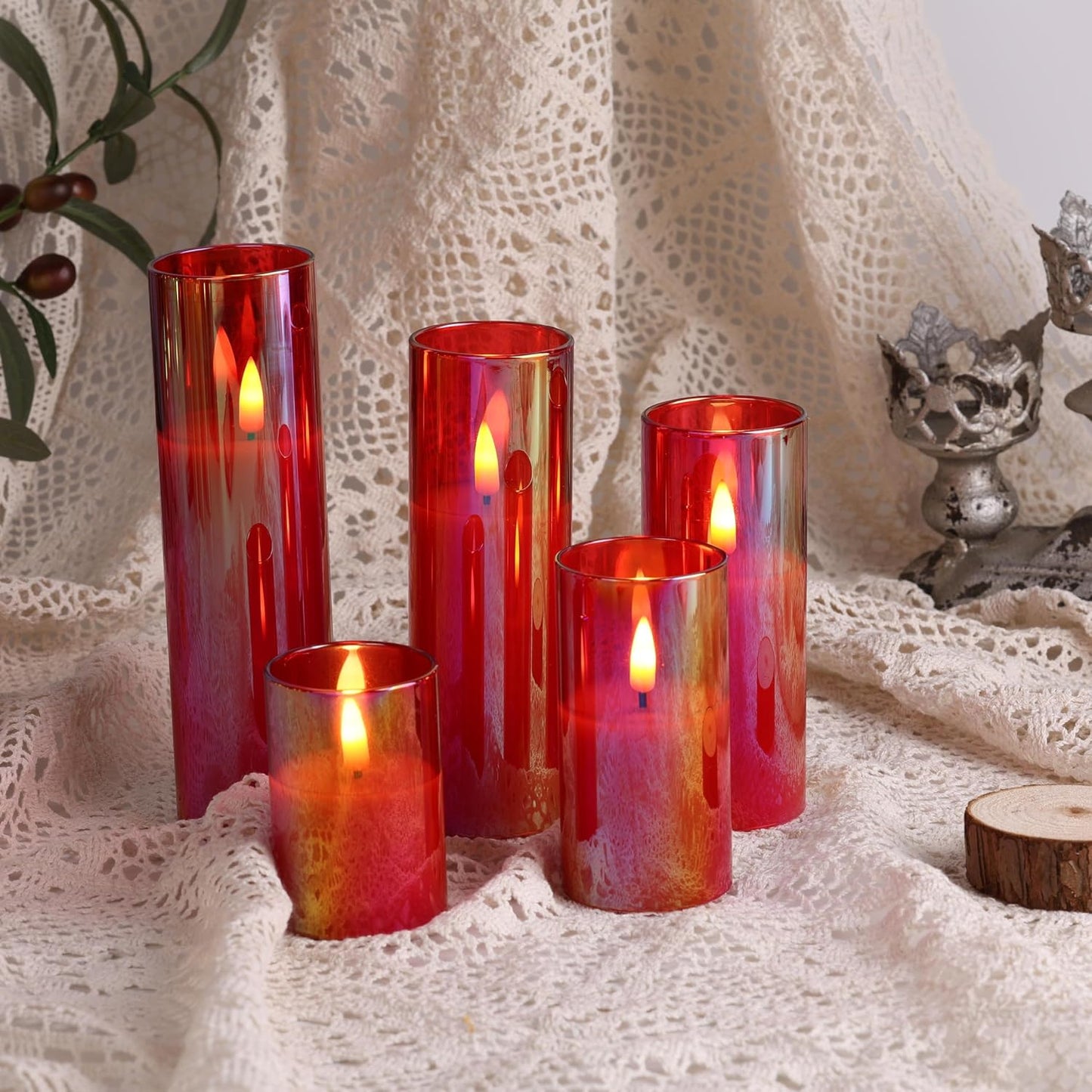 Red Glass Flameless Pillar Candles with Remote Batteries Set of 5 | Flickering Christmas LED Candles, Fireplace Home