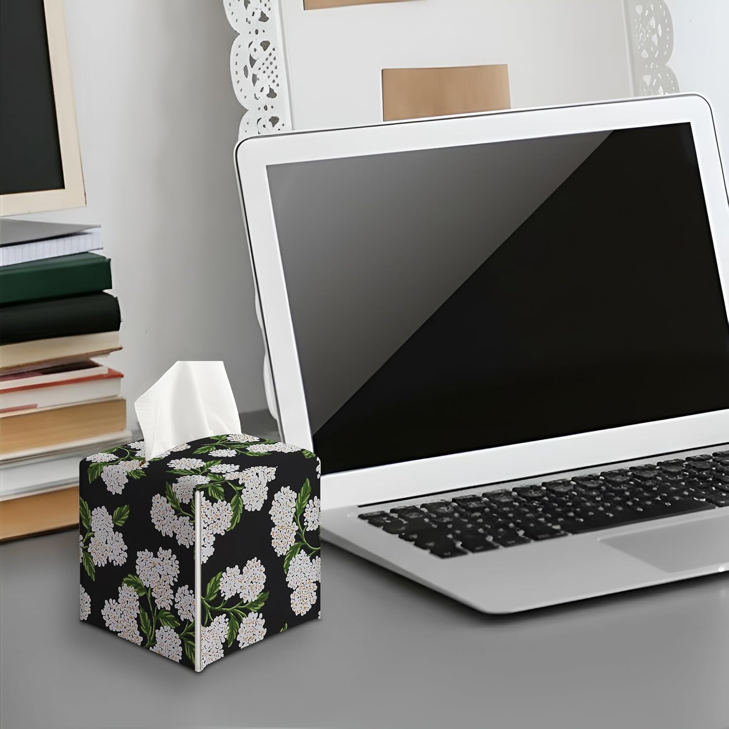 Black and White Hydrangea Square Faux Leather Tissue Box Cover Holder / Black Hydrangea