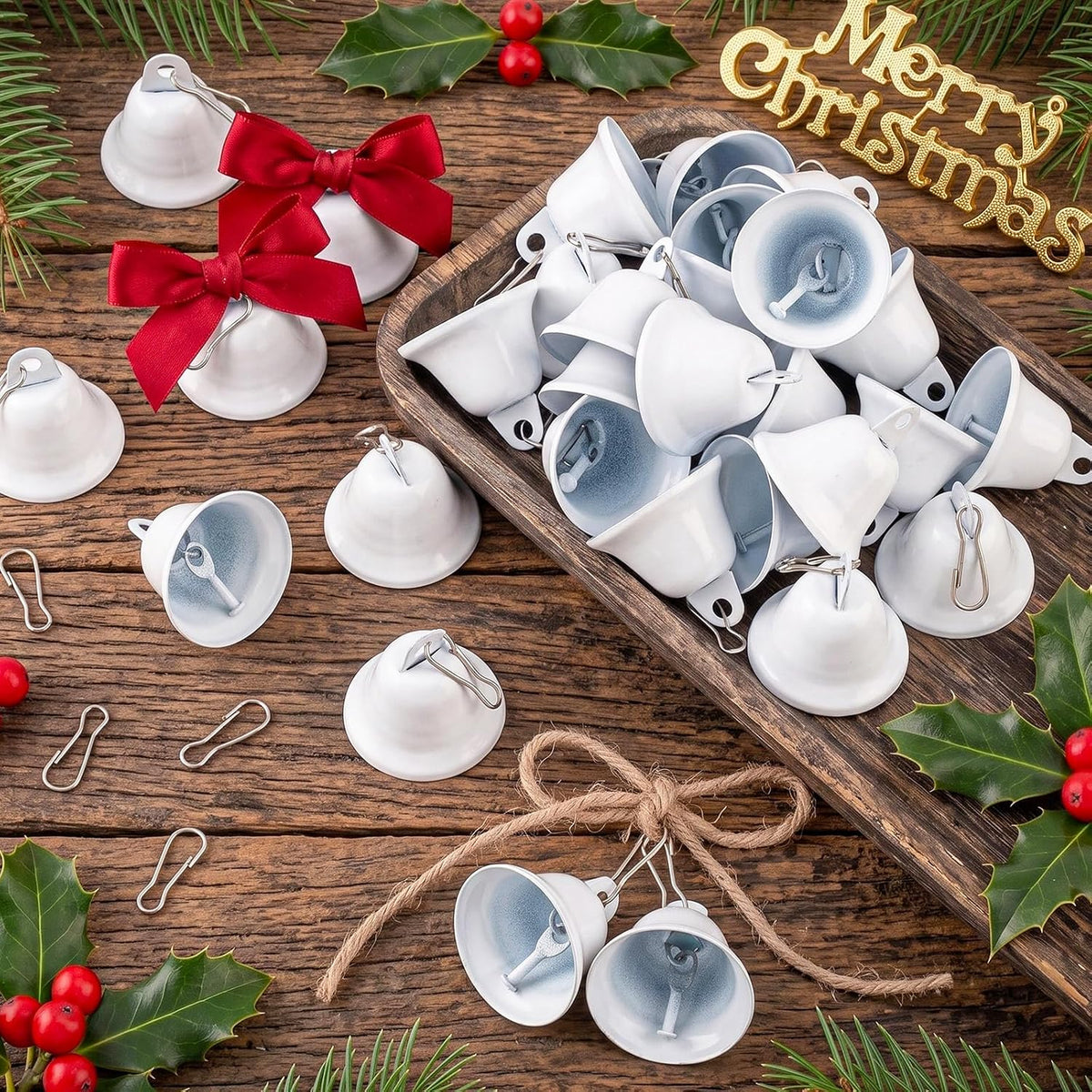Gejoy 60 Pieces Small Brass Bells with Spring Hooks,White | Vintage Mini for Wind Chimes, Dog Training Doorbell