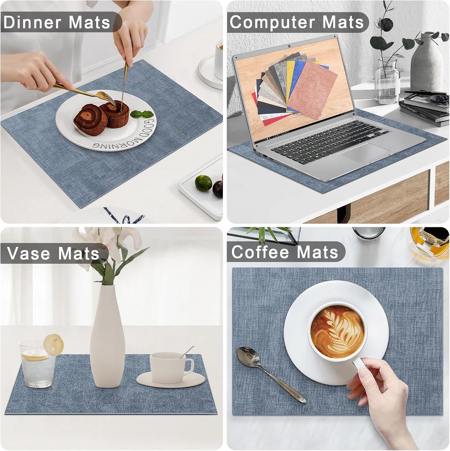 Homaxy PU Faux Leather Placemats for Dining Table, Set of 8, Blue | Waterproof Wipeable Washable Table Mats, Easy to