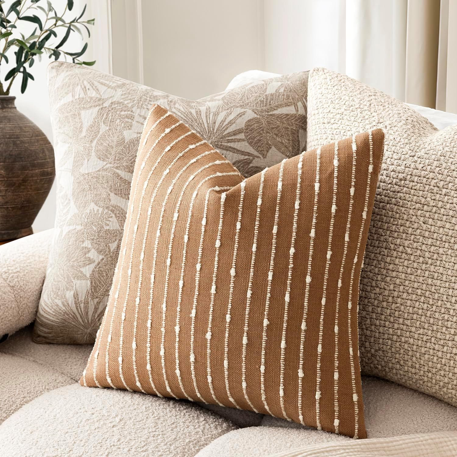 Decorative Jacquard Boucle Throw Pillow Covers Accent Textured / 18 x 18 / Tobacco / Set of 2