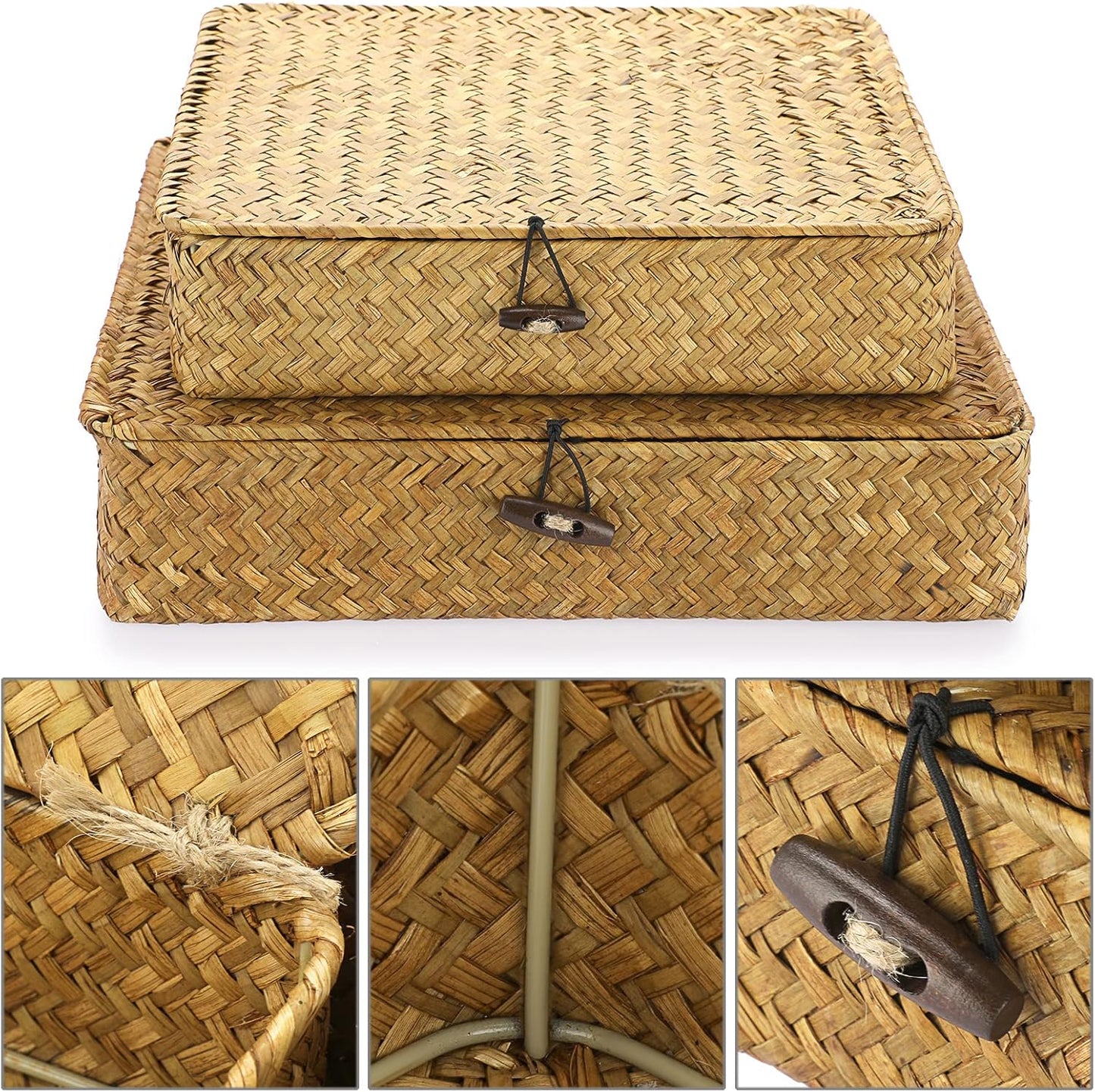 Flat Woven Wicker Storage Bins / Small+large / Caramel / Natural / Set of 2