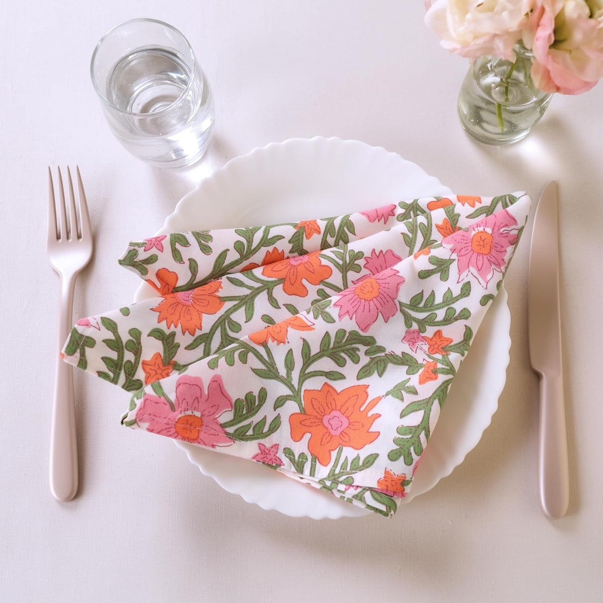 Floral Cloth Napkins Set of 12, 100% Cotton Reusable Dinner Napkins, Block Print Inspired, 18 x 18 Inch Table & Kitchen