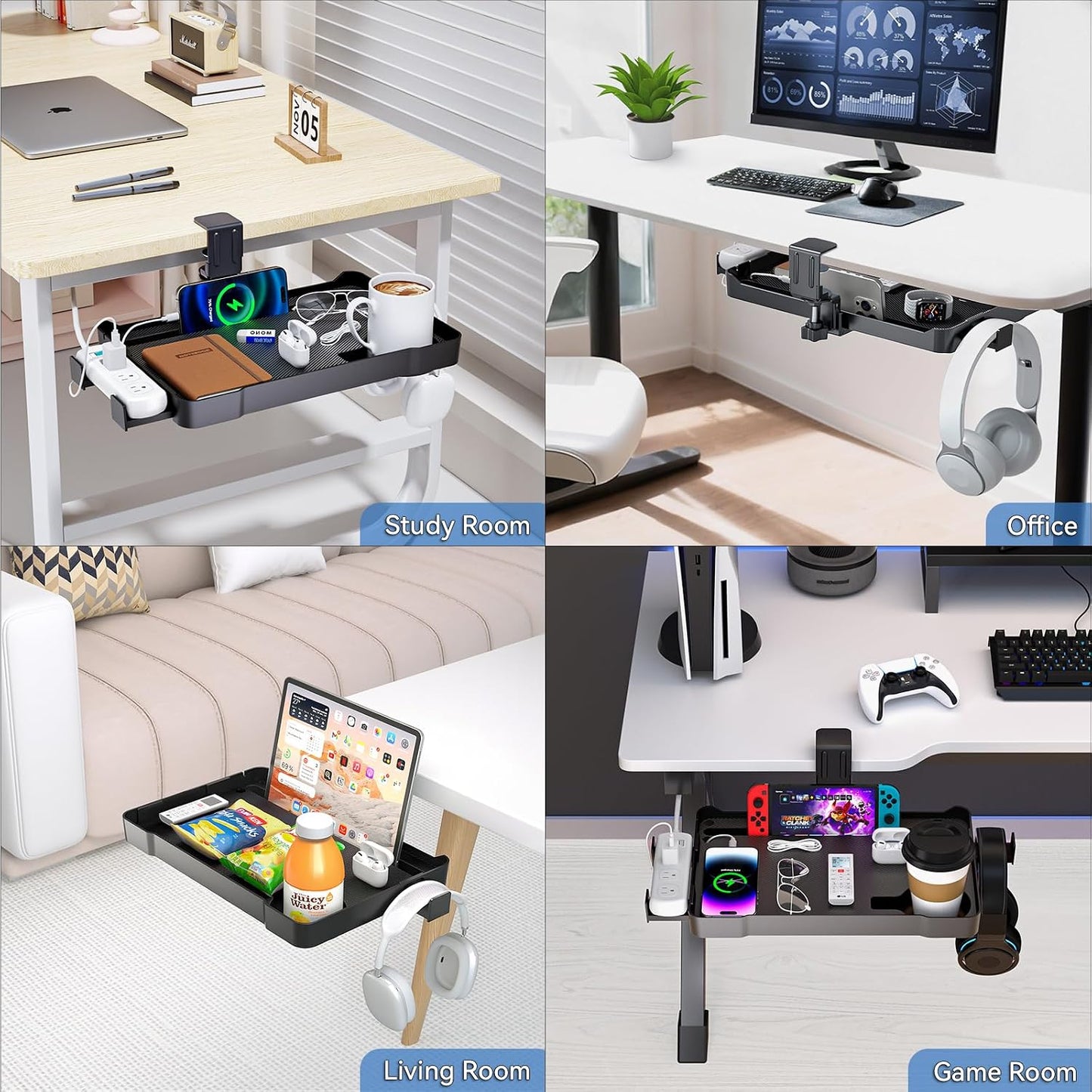 KDD Under Desk Organizer - 360° Rotating Clamp-On Tray with Headphone Hook, Phone & Tablet Holder, Cup Holder, and