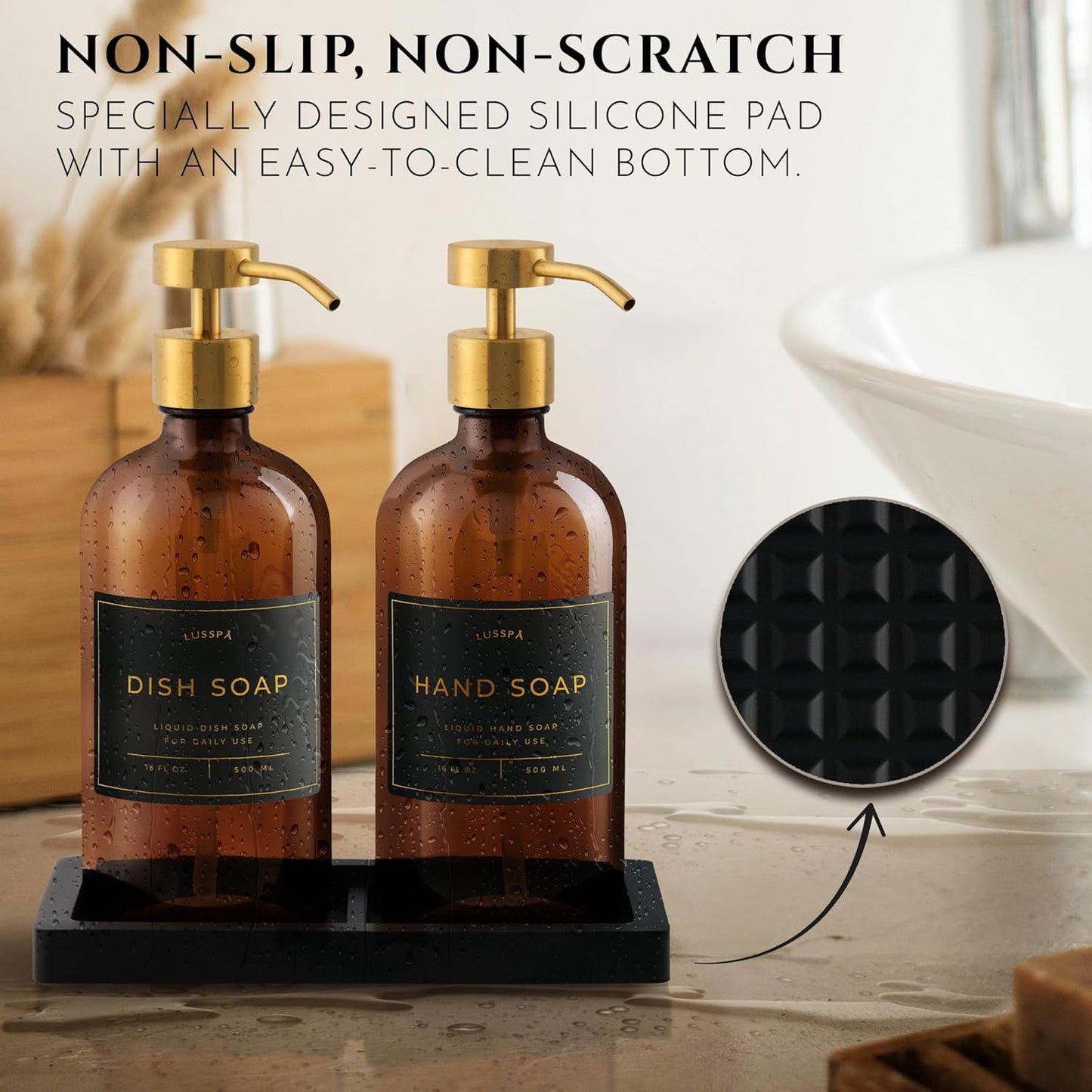Glass Soap Dispenser Set of 2 (Amber) with Silicone Tray | Hand and Dish Soap Dispenser for Kitchen and Bathroom | 16.8