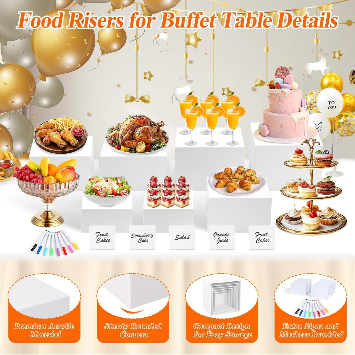 7Pcs White Acrylic Buffet Risers with Mini Sign and Marker, Food Display Risers for Party Catering Dessert Jewelry