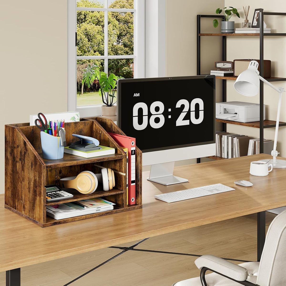 Wooden Desk Organizer with Adjustable Partitions, Multi-Layer Desktop File Holder for Home Office, Paper & Stationery