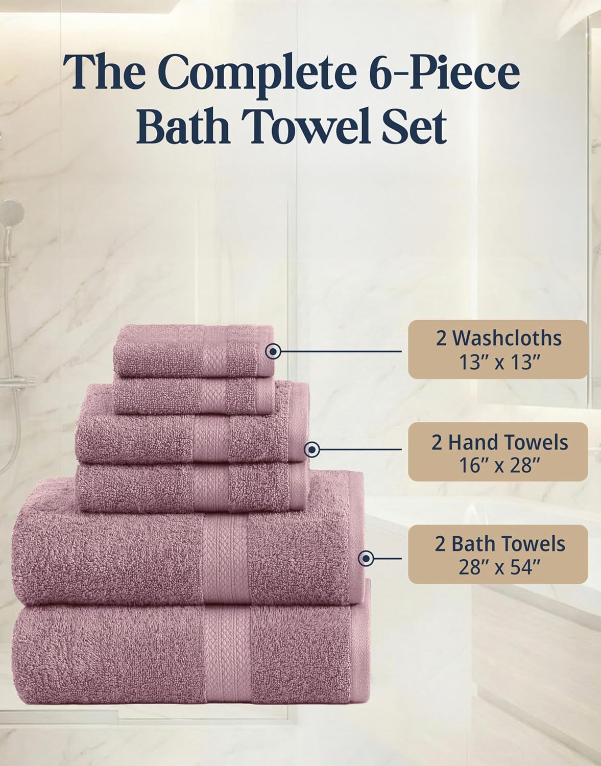 LANE LINEN Large Bath Towel Set Absorbent Quick Dry 6 Piece - Wishful Mauve | Cotton Towels - Fade-Resistant Color