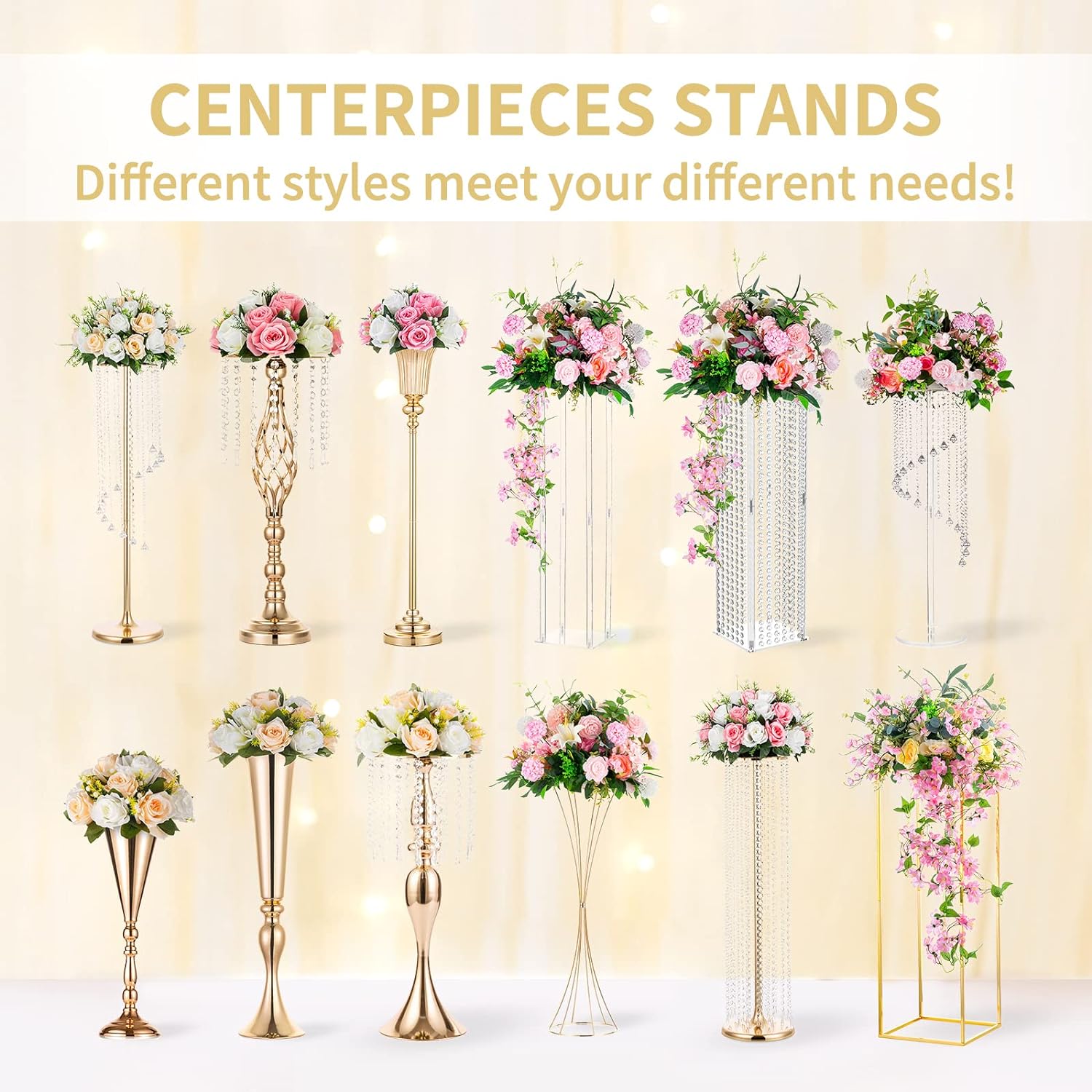 NUPTIO Gold Stands for Centerpieces, Geometric Column, 23.6" Tall, 10 Pcs