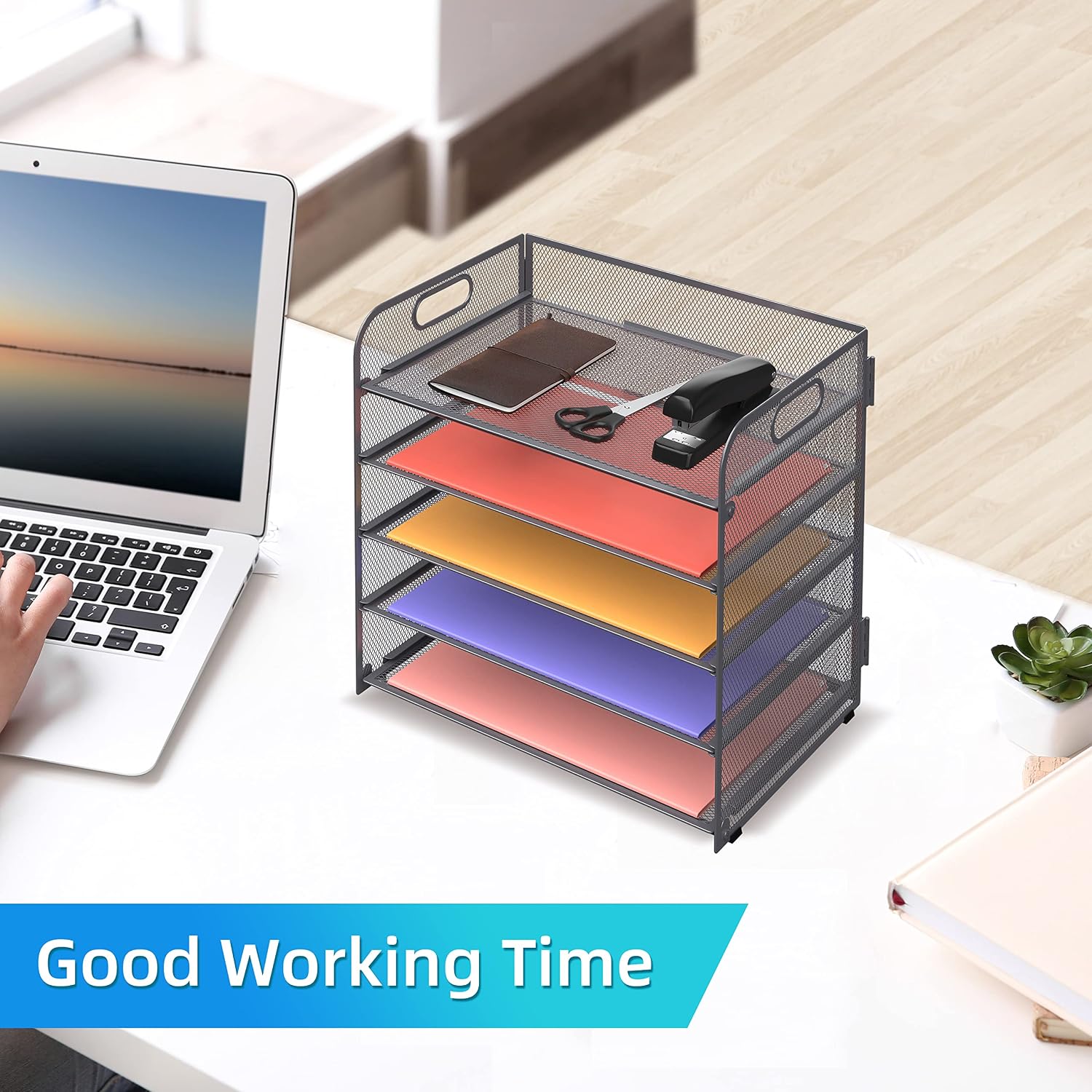 5 Trays Paper Organizer Letter Tray with Handle-Mesh Desk File Organizer, Grey Paper Sorter Desk Organizer for Office
