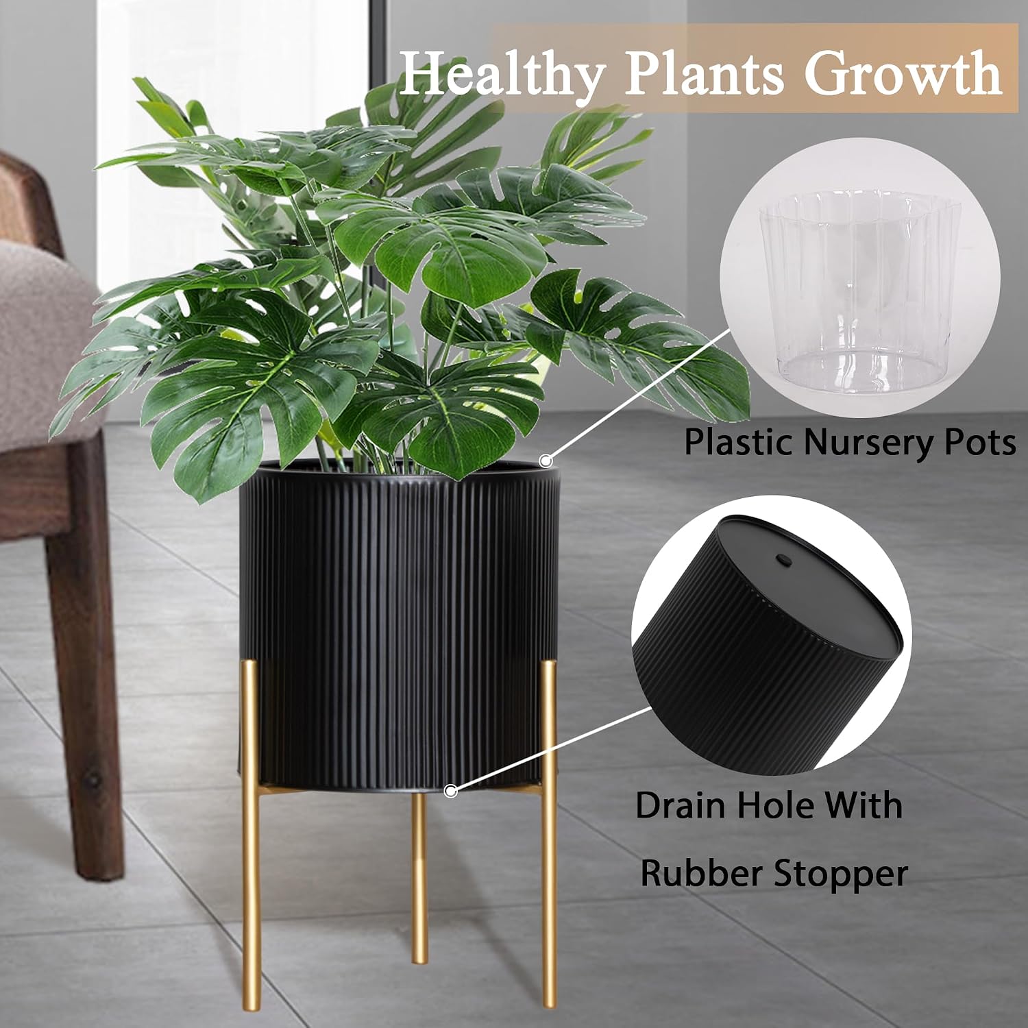 ARNIS Modern Planter Pots, Set of 2 Round Large Planters with Stand, Decorative Planters, Metal Pots with Drainage