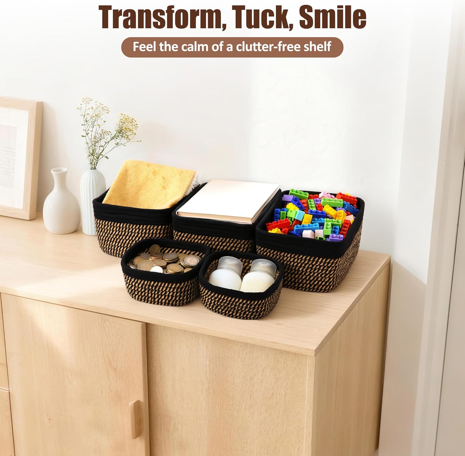 Small Woven Rope Storage Baskets / Black & Gold / 11.81*7.48*4.72'' & 5.91*5.91*2.56 / Set of 5