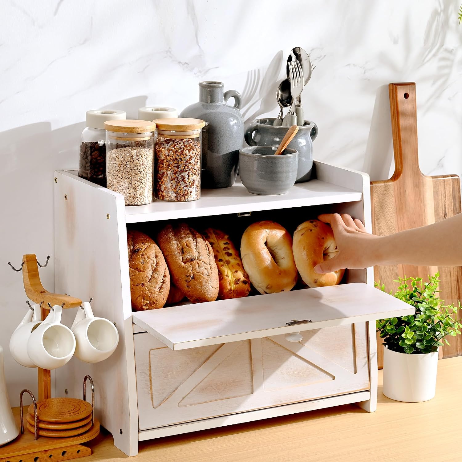 Bamboo Corner Bread Box for Kitchen Countertop 2-Tier White | Farmhouse Bread Storage Container, Large Pantry