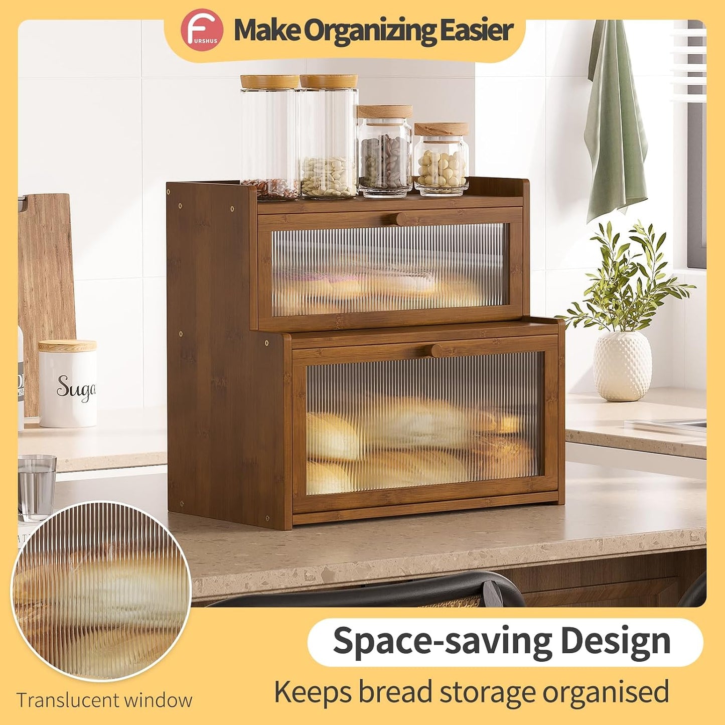 Double Layer Bamboo Bread Box for Kitchen Counter,Bread Holder,Countertop Bread Storage with Window (Brown)