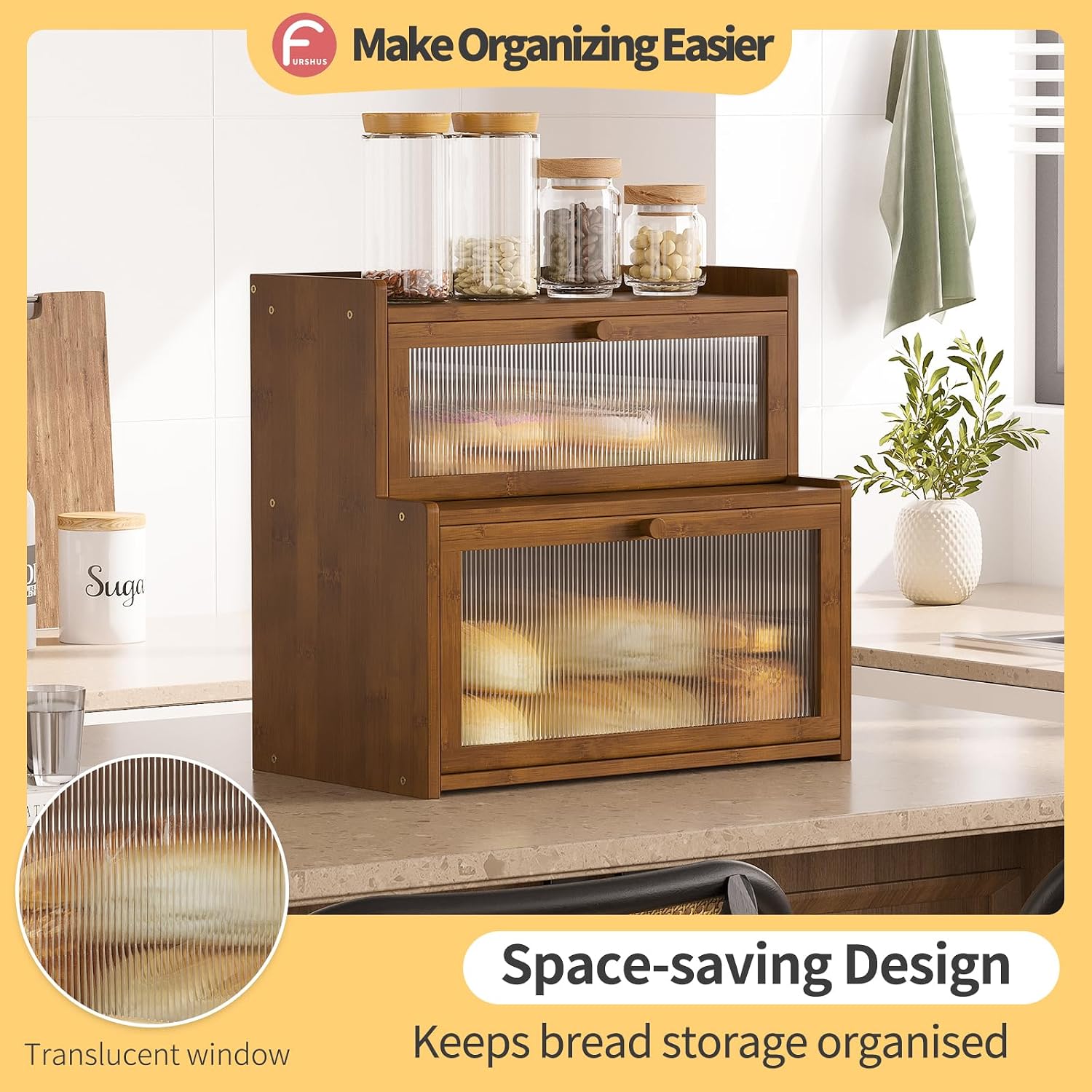 Double Layer Bamboo Bread Box for Kitchen Counter,Bread Holder,Countertop Bread Storage with Window (Brown)