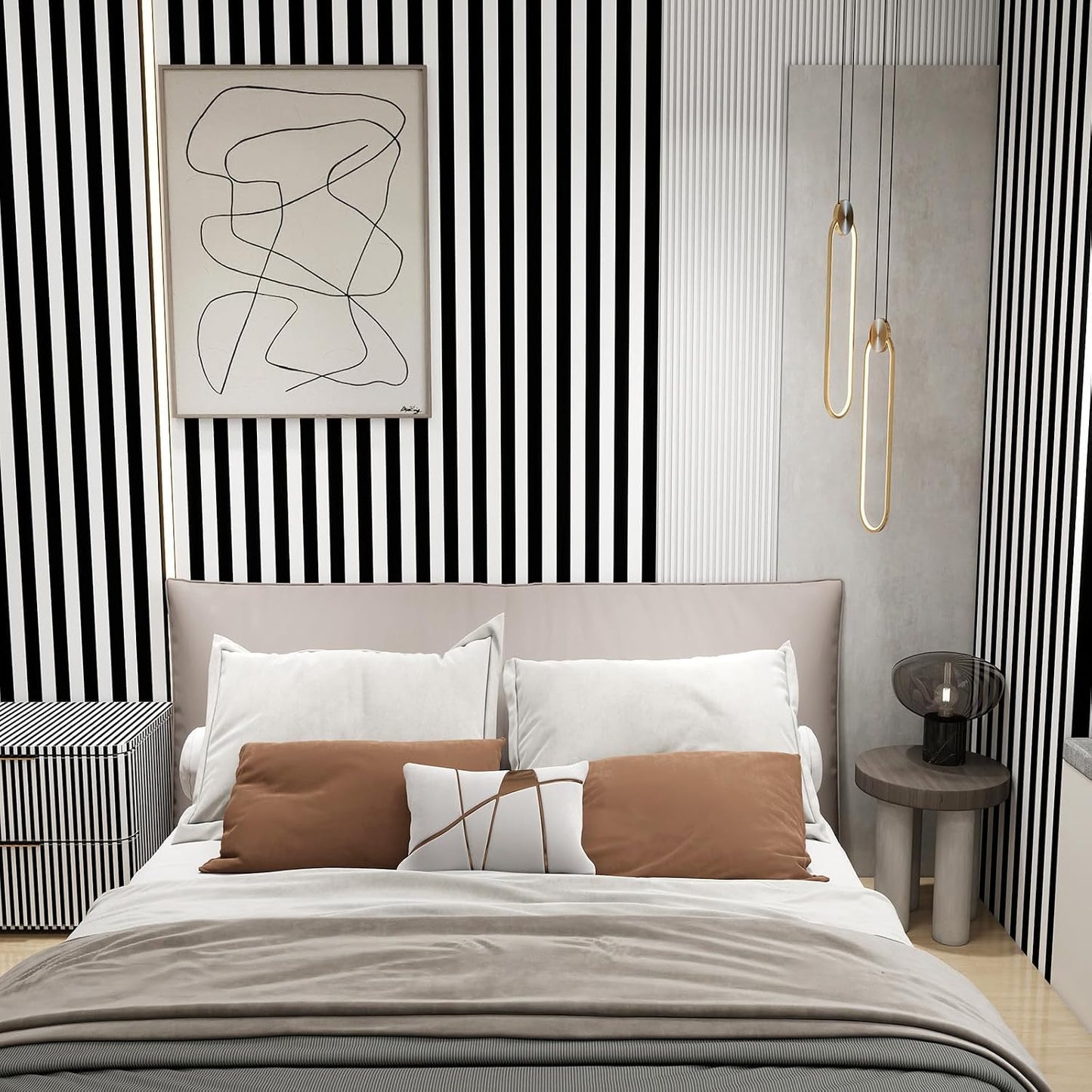 White Striped Wallpaper " Removable Striped Peel and Stick Wallpaper Waterproof / Black / 17.3 x 120