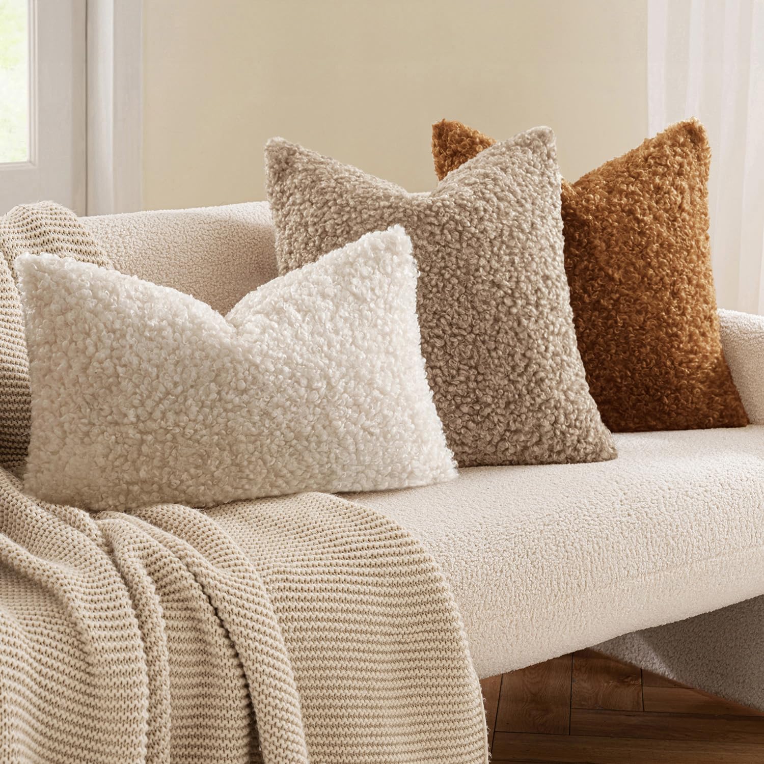 Throw Pillow Covers Faux Fur Decorative Sherpa Pillow Covers / 18 x 18 / Light Camel / Set of 2