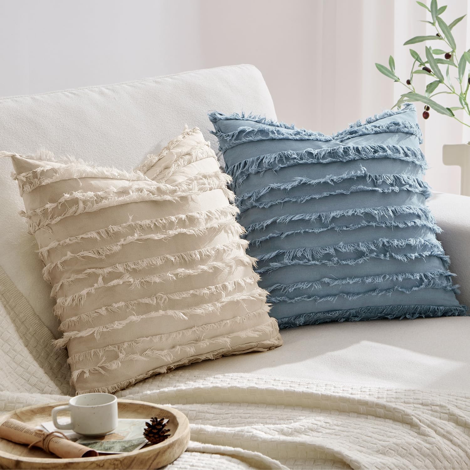 Decorative Boho Throw Pillow Covers Spring Neutral Beige Linen / 18 x 18 / Natural Beige / Set of 2