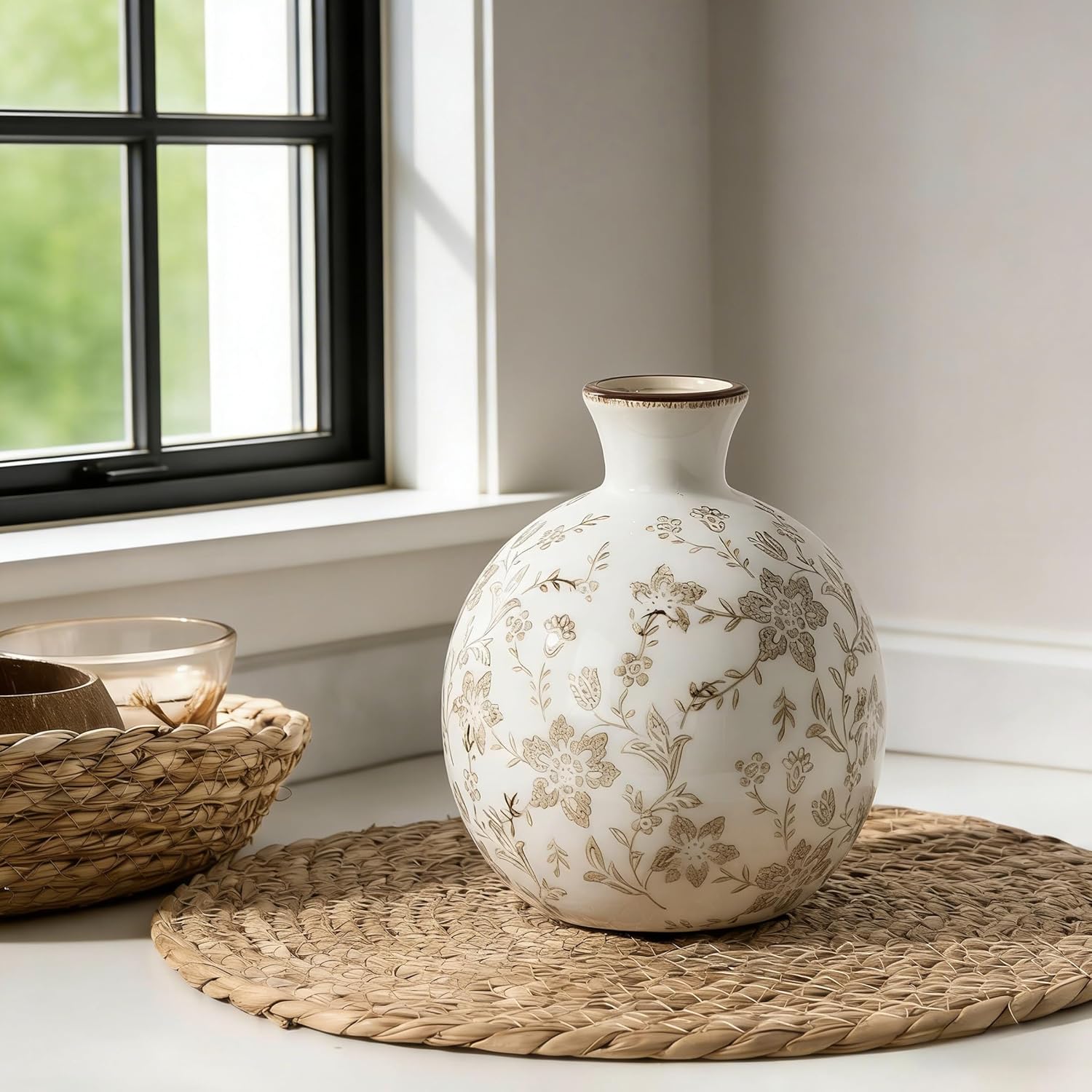 Vintage Rustic Chinoiserie Floral Vase / Brown- 5.98