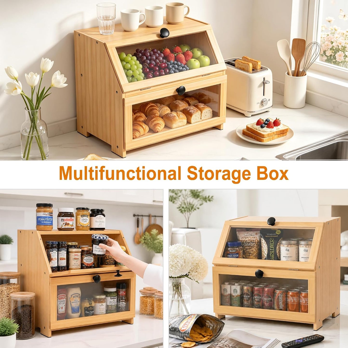Bamboo Bread Box for Kitchen Countertop, Large Bread Storage Container Bin 2 Layer Breadbox Holder for Kitchen Counter