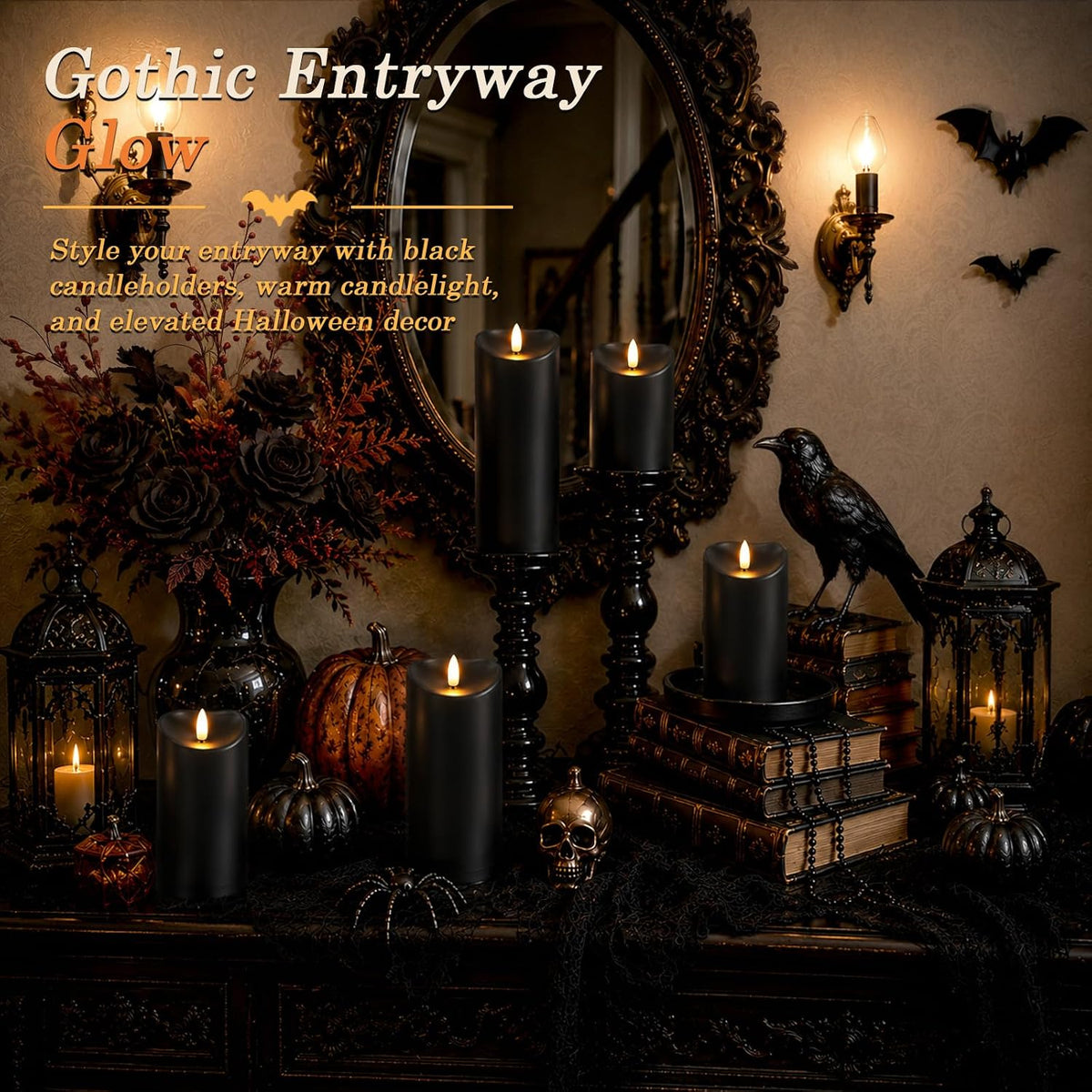 Homemory Halloween Black Waterproof LED Candles with Remote Timer, Set of 6 | Flameless candles