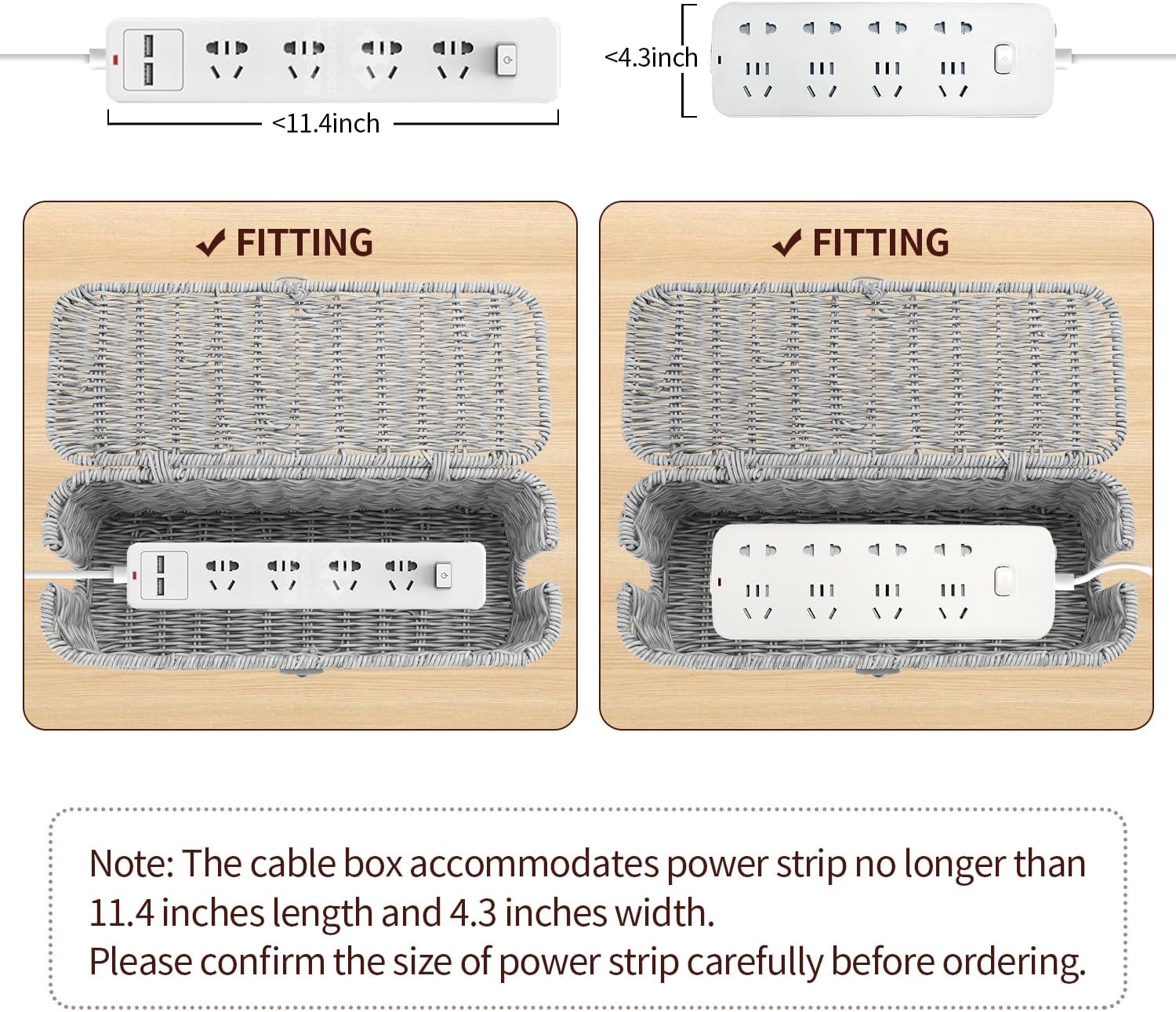 Desk Handwoven Rattan Cord Hider Cable Organizer Box / Grey