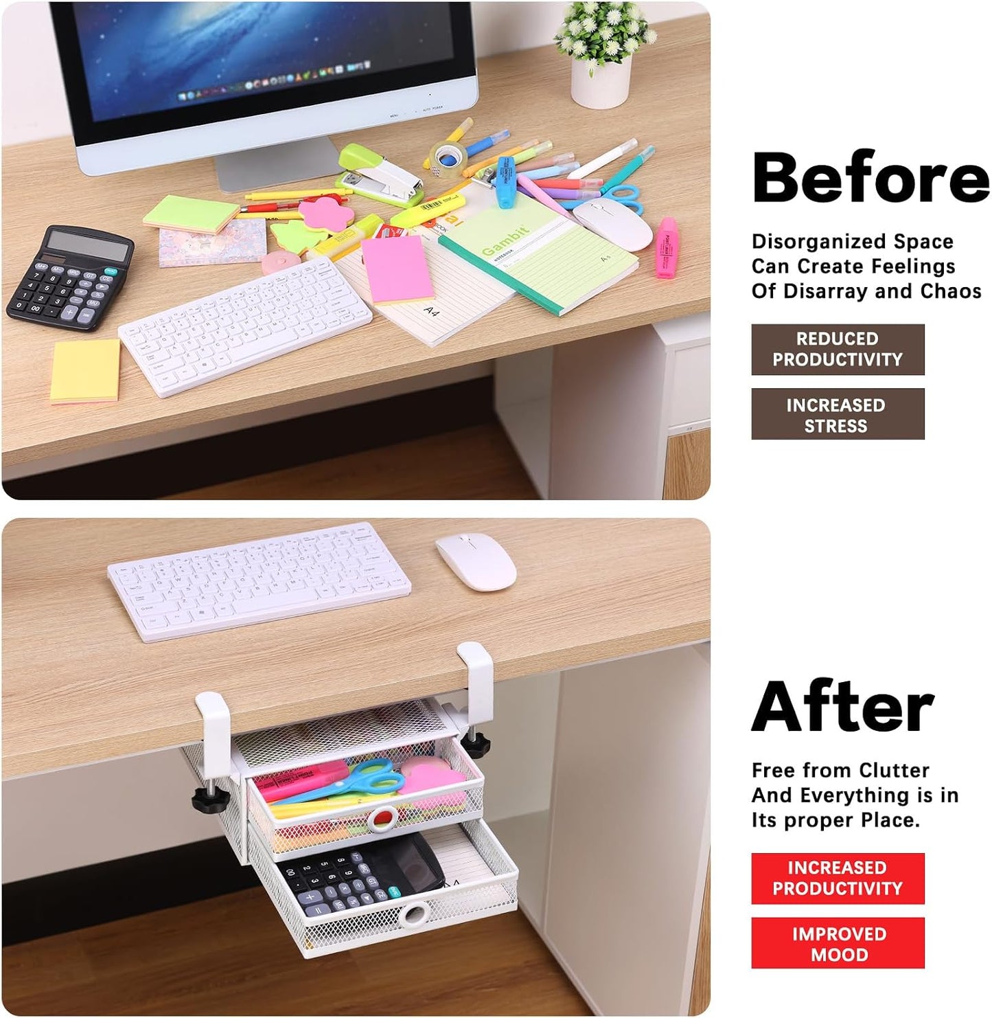ROSYLINE Under Desk & Desktop Drawer Organizer, 2-Tier Big Capacity | Steel Construction, Clip-On No Drill