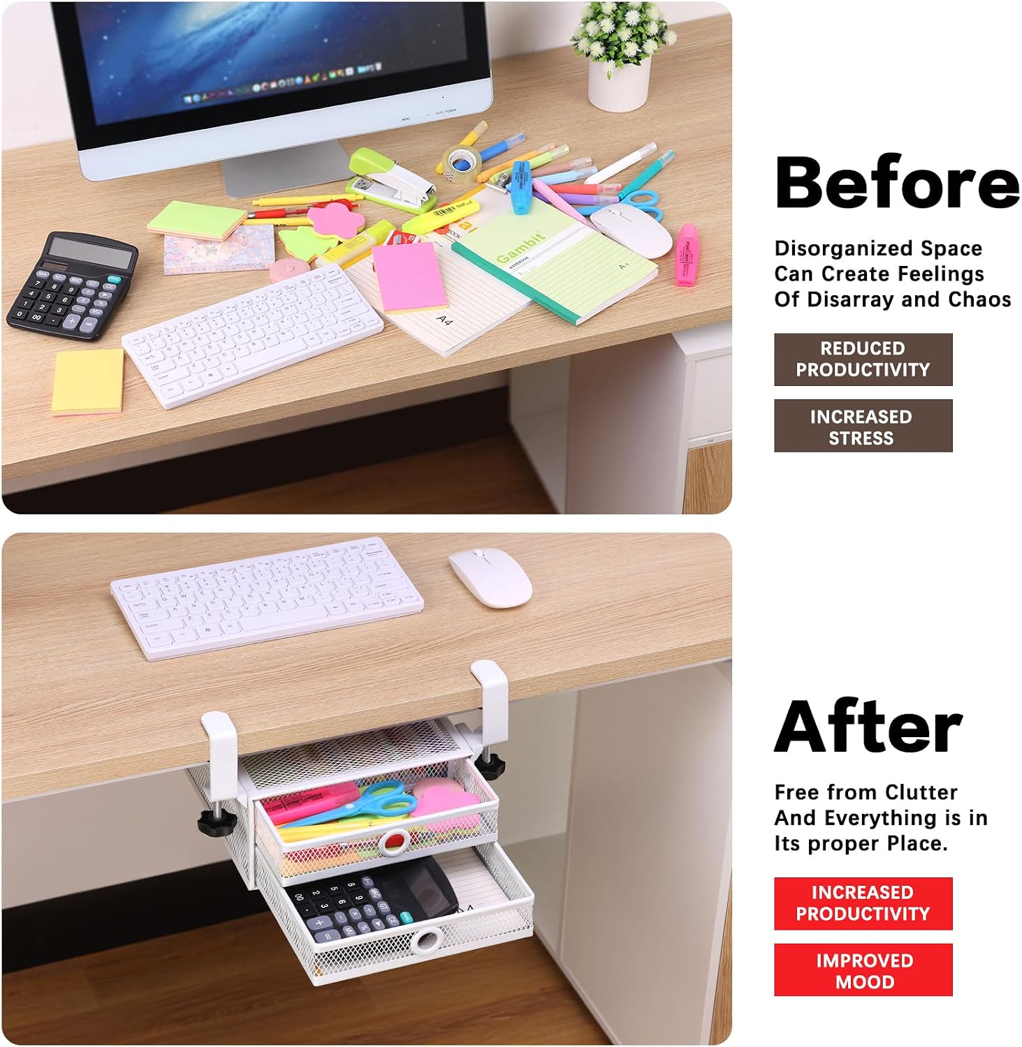 ROSYLINE Under Desk & Desktop Drawer Organizer, 2-Tier Big Capacity | Steel Construction, Clip-On No Drill