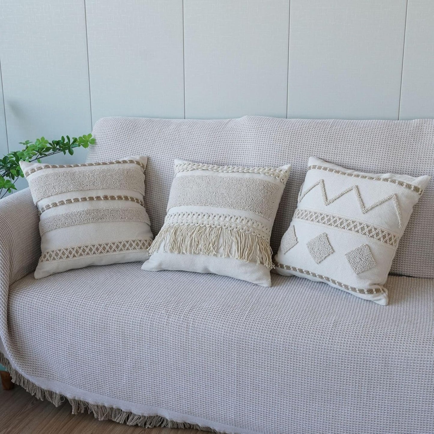 Boho Throw Pillow Cover Tassels Textured Striped Bed / 18 x 18 / Throw Pillow Covers / Pattern A