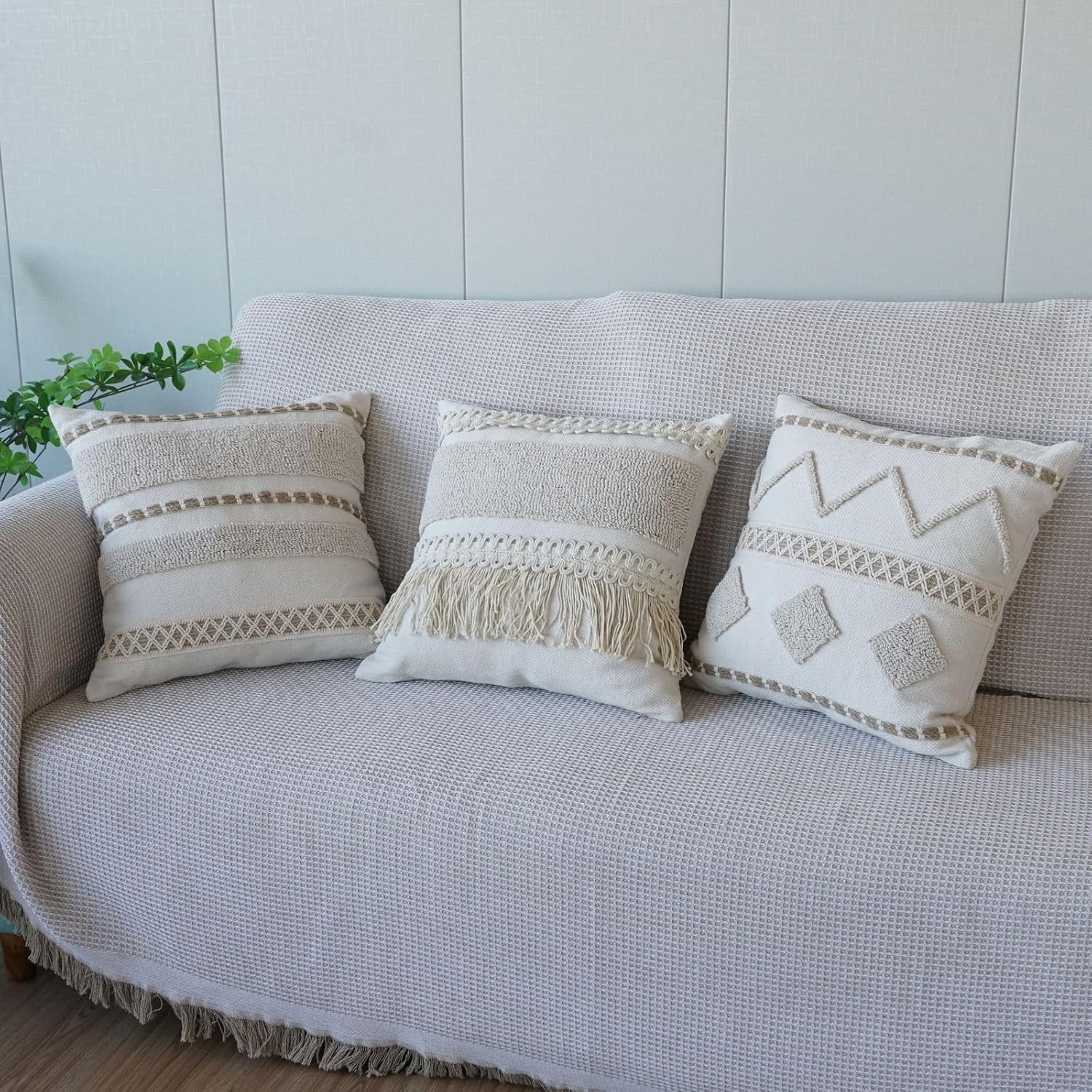 Boho Throw Pillow Cover Tassels Textured Striped Bed / 18 x 18 / Throw Pillow Covers / Pattern A