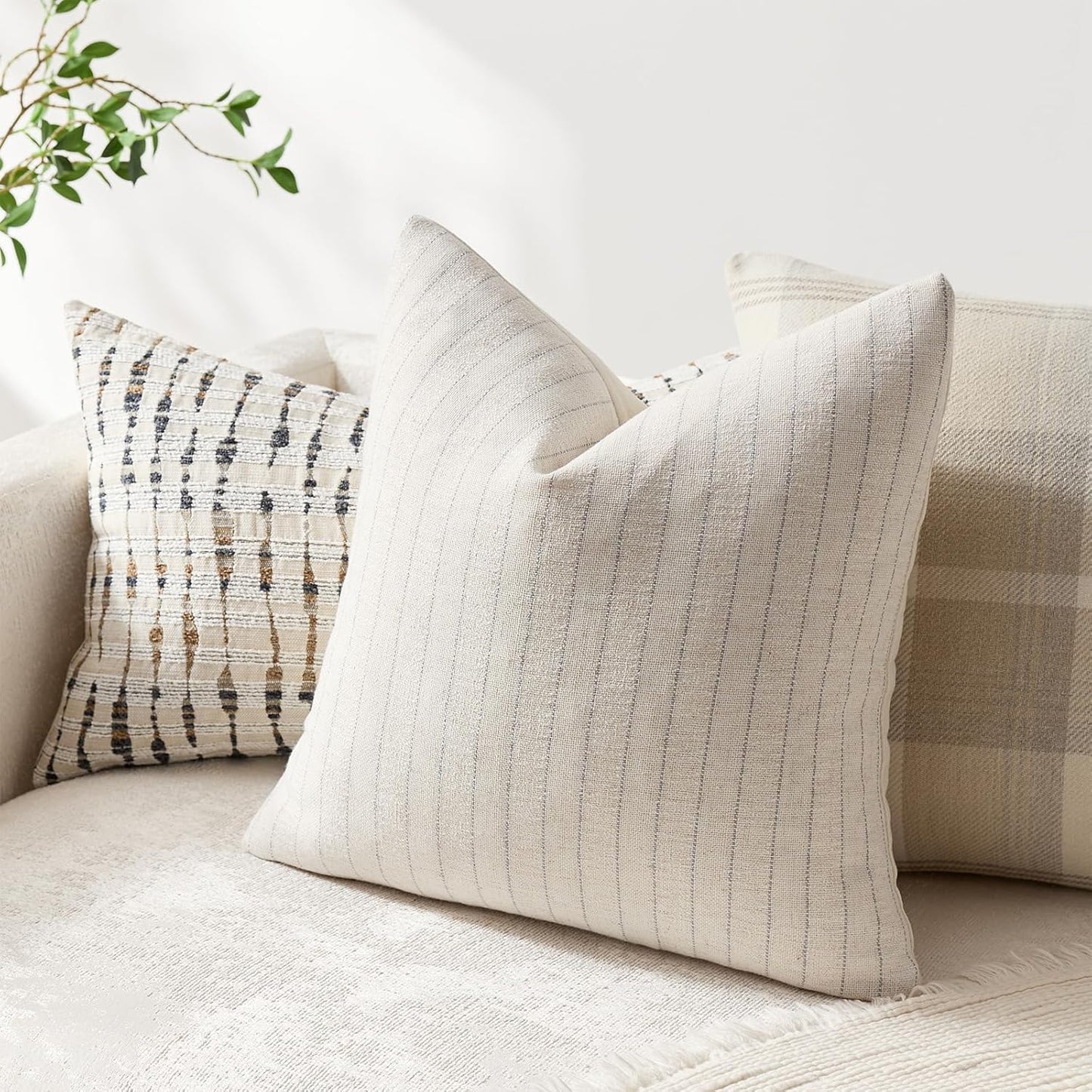 Linen Striped Throw Pillow Covers Neutral Couch Pillow Cases Farmhouse / Grey / 18 x 18 / Set of 2