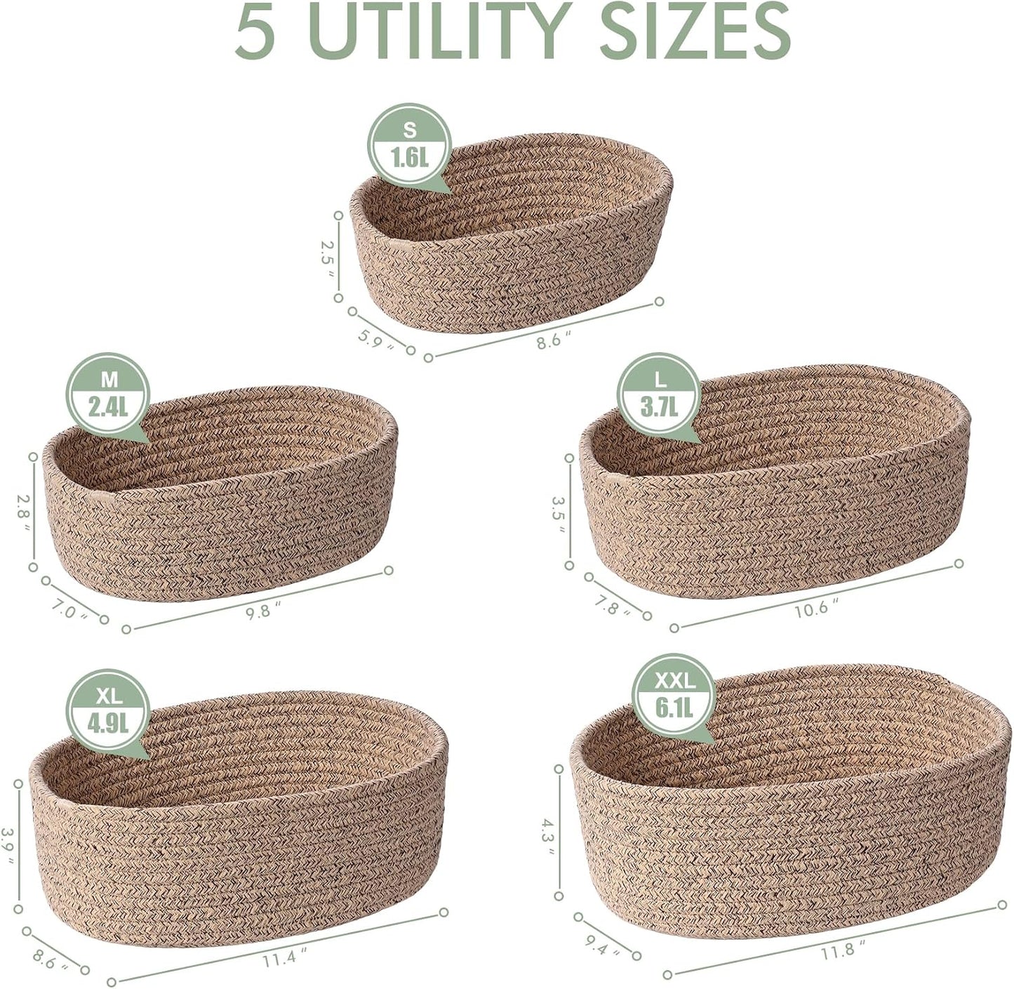 Small to Large Graduated Size Set Soft Rope Shelving Organizers Boho Home / Flax Brown / Set of 5