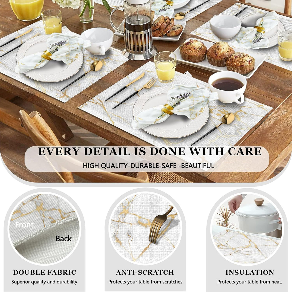 Mcalk 4 Each White Marble Placemats and Cloth Napkins Set of 8, Modern Art Placemat, Marble Print Cloth Napkin for Home