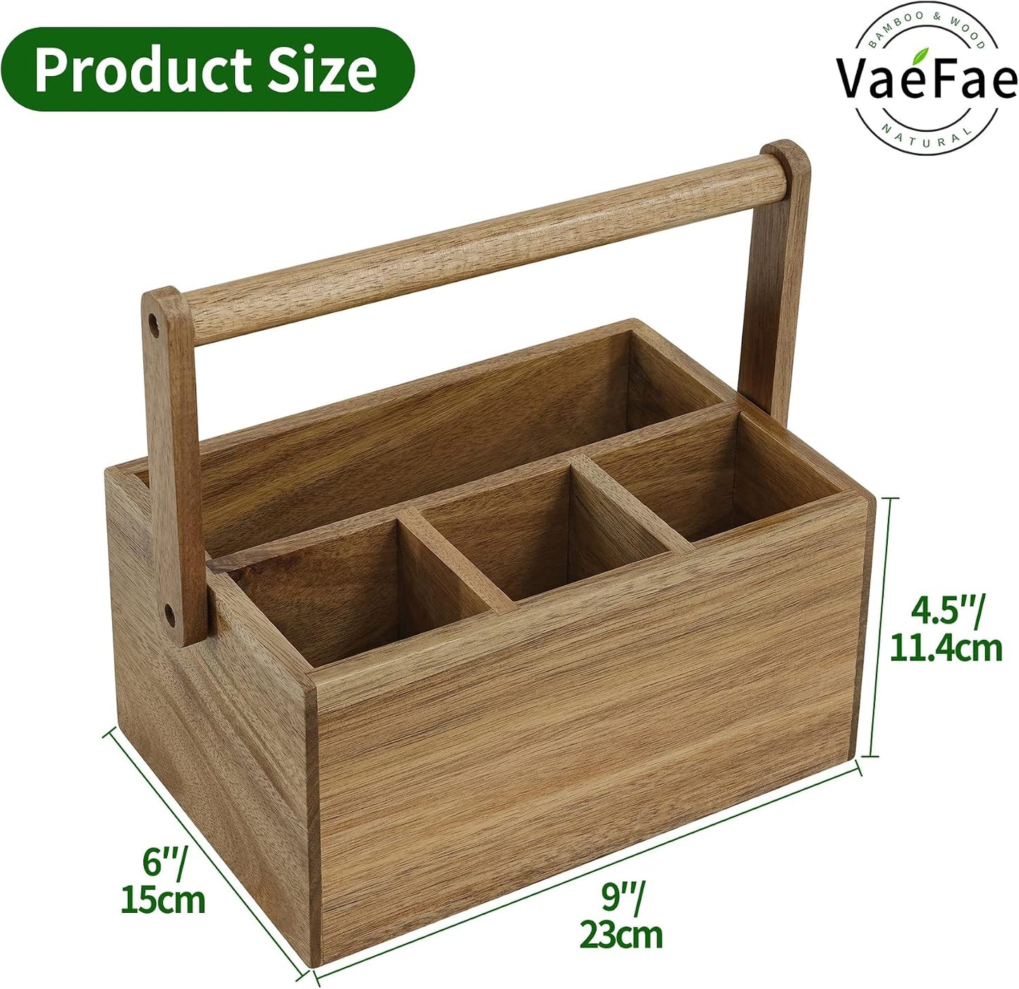 VaeFae Acacia Silverware Caddy, Utensil Holder with Handle, Medium | Kitchen Cutlery Organizer Countertop, Holds Paper