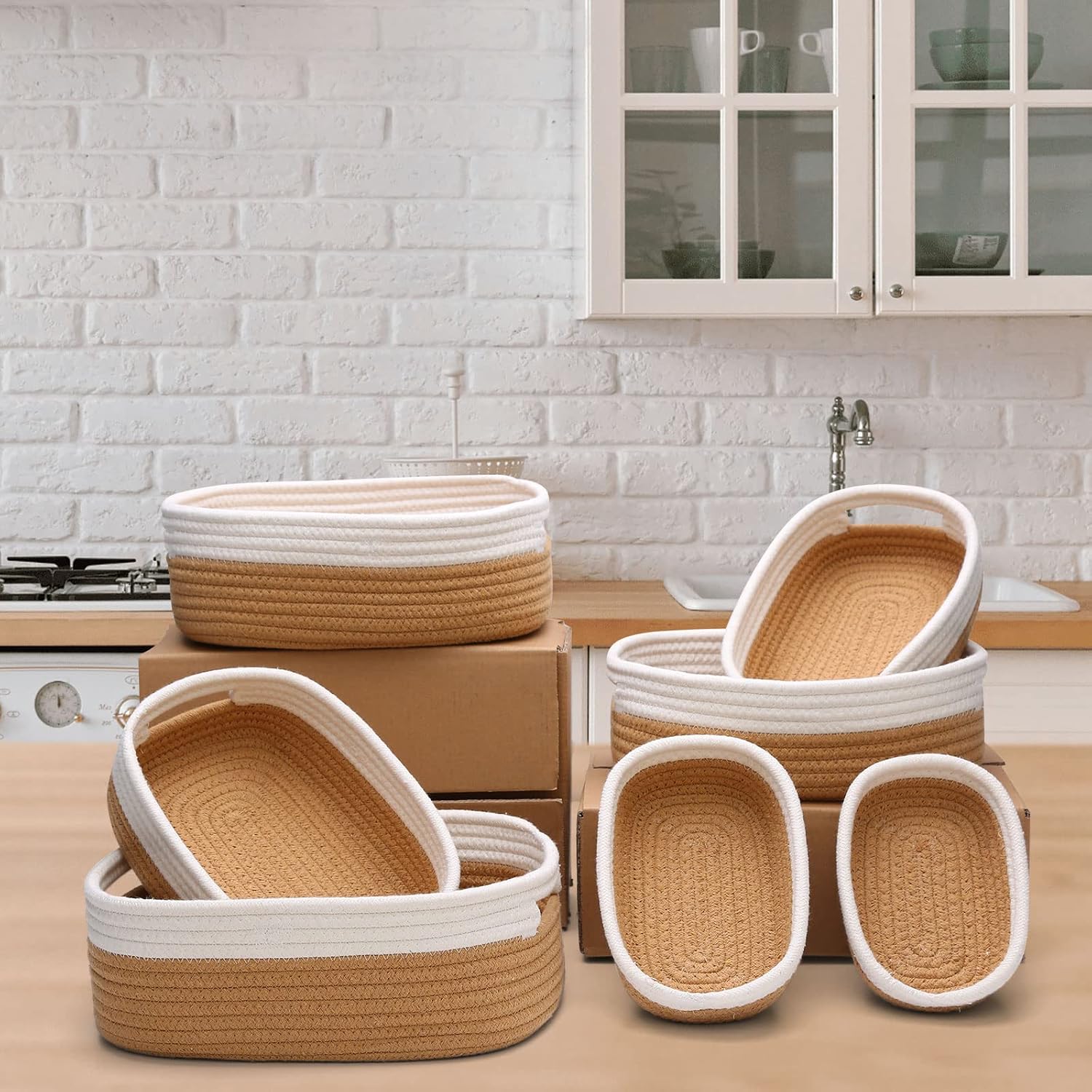 7 Piece Cotton Rope Woven Basket Set / OFF WHITE & JUTE